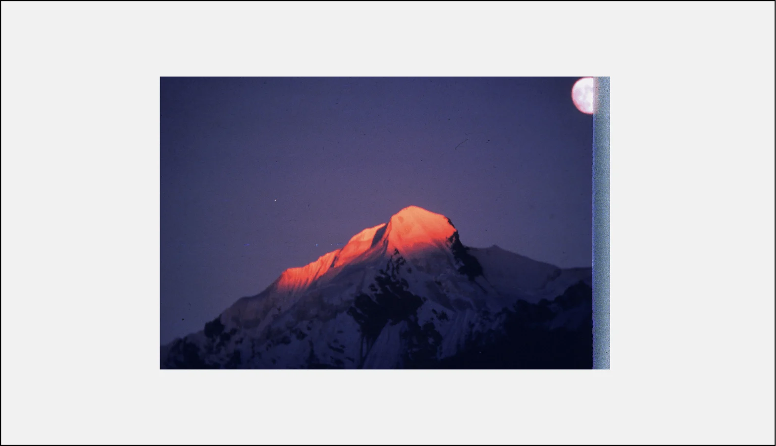 Nanda Devi sanctuary - moonrise over Deo Damla peak in the outer ring of peaks during the British Kalanka expedition. Photo courtesy Mandip SinghSoin/Ibex Expeditions collection (Sept 1978)