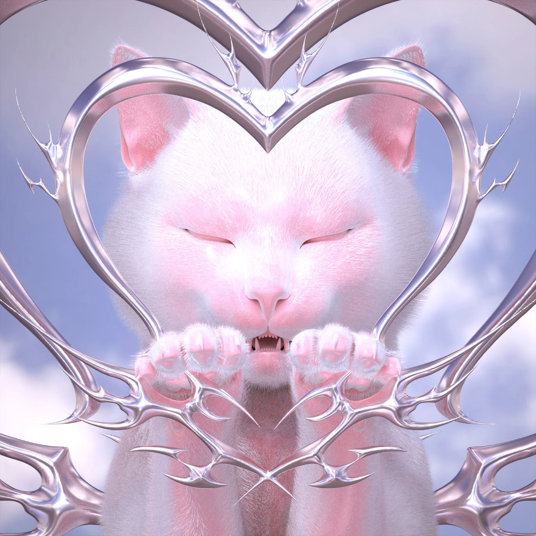 A digital artwork depicting a cat with its eyes closed surrounded by chrome love hearts made of shiny metal, a cloudy blue sky making up the background.