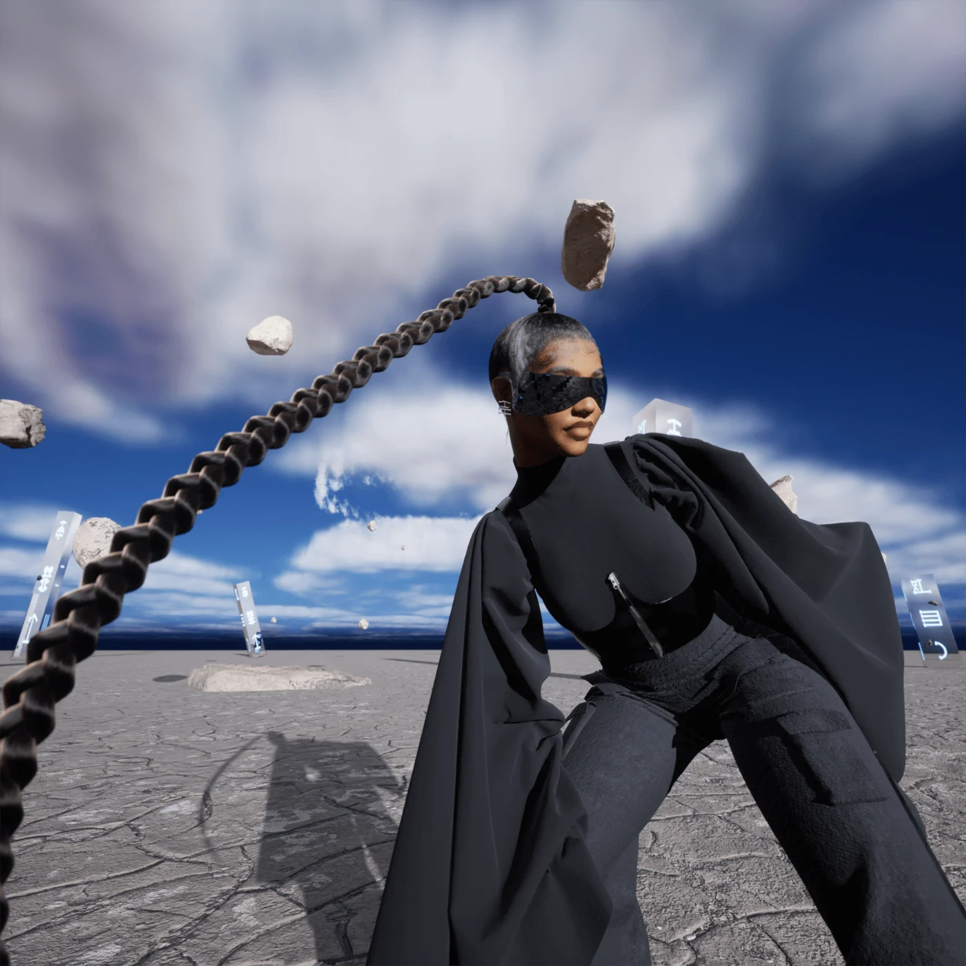A digitally-rendered image of a woman wearing an all-black outfit and black sunglasees, her hair tied into one very long braid, which swings around her as if in motion, as rocks float around her head.