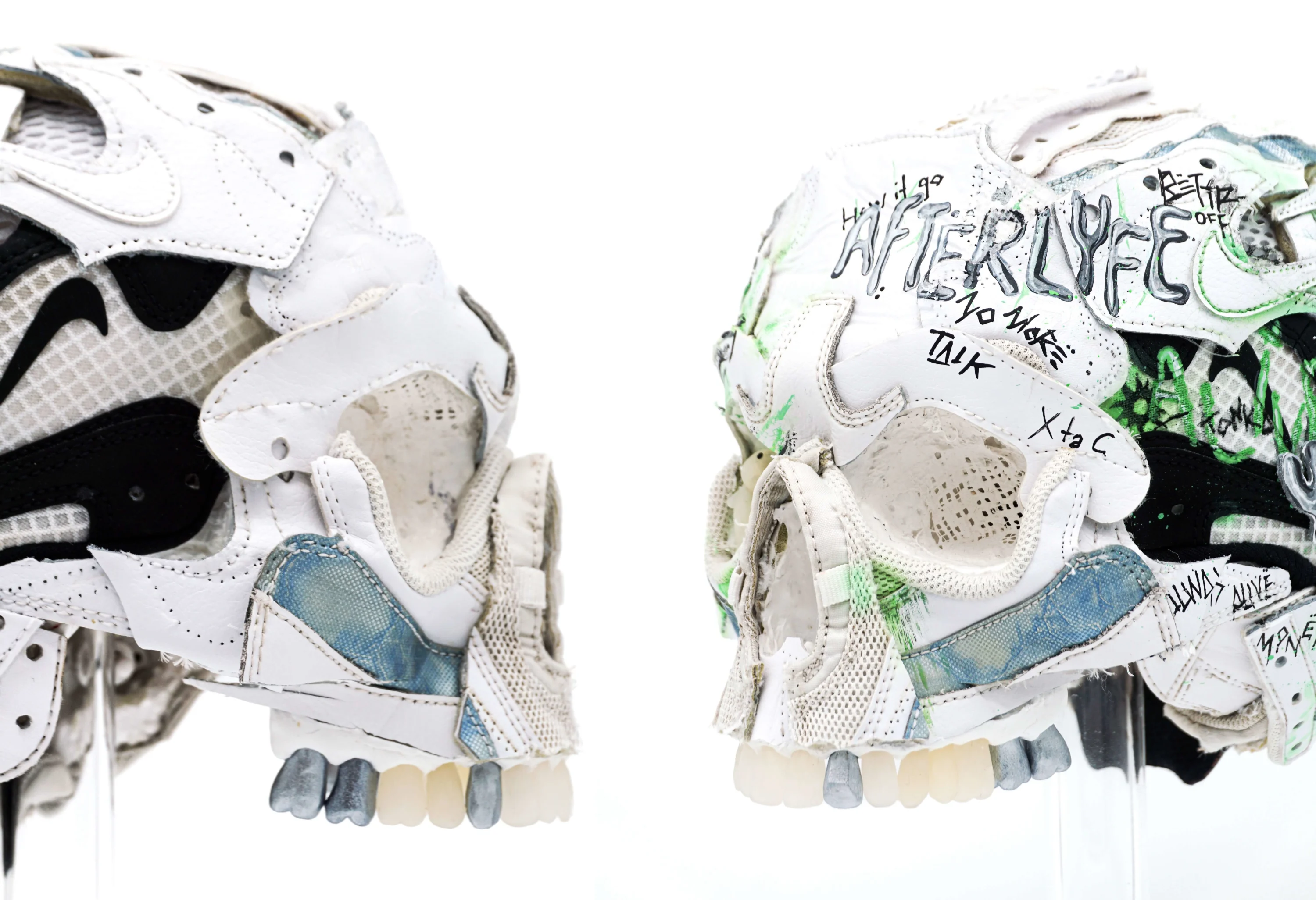 Two photographs of a sculpture of a skull, made from pieces of sneakers that have been cut up and painted.
