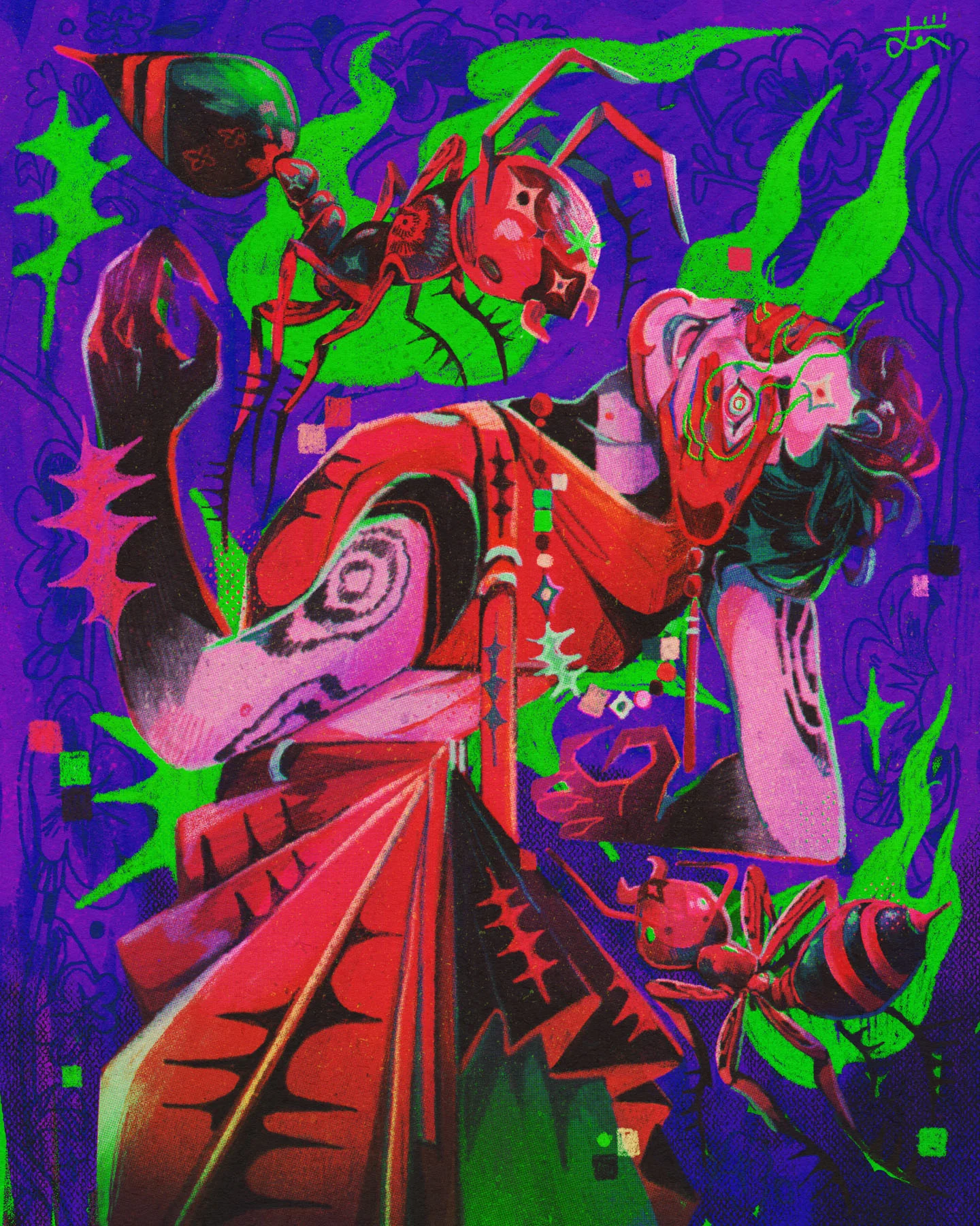 An illustration of a man with one eye covered by a red hand and the other covered by green flames. He is surrounded by fire ants before a dark purple background that features Petunia-inspired line art.

