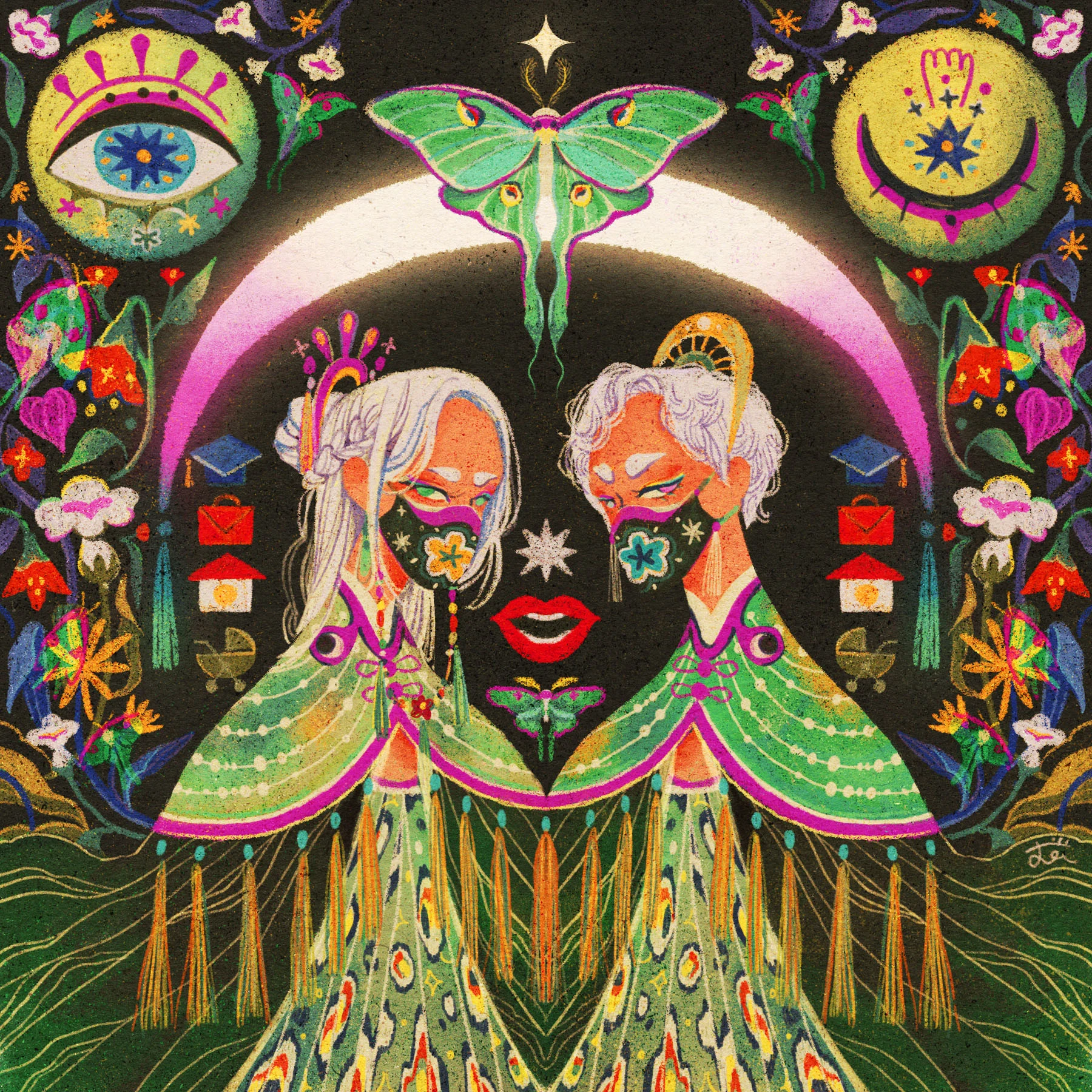An illustration of two figures, one male and one female, wearing masks under a bright moon shape arch with a luna moth above it. Flowers decorate the space around them.