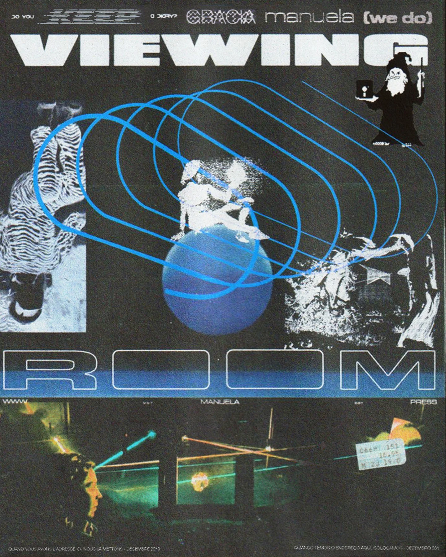 A collage style poster titled "VIEWING ROOM" featuring a mix of elements including a person wearing a zebra onesie, a blue orb with looping lines, and a dancing figure. The upper section shows a girl-like figure holding a book, and the lower section depicts a nightclub scene with vibrant lighting.