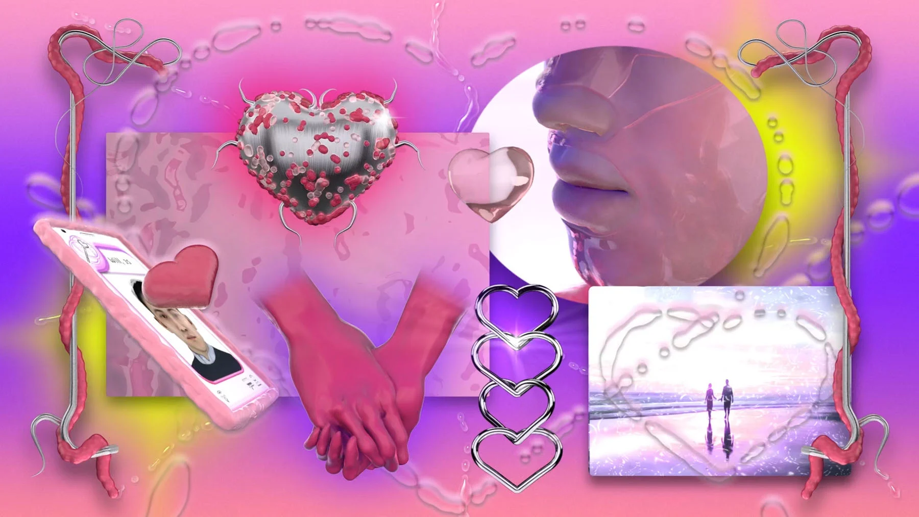 An animated horizontal collage illustrating layered CGI elements on a purple and pink gradient background with yellow accents. The collage includes metallic and gooey pink objects, a phone displaying a dating app interface, a couple strolling hand in hand on a beach and a close-up of a person's face with a content expression. The elements move in a looping motion.
