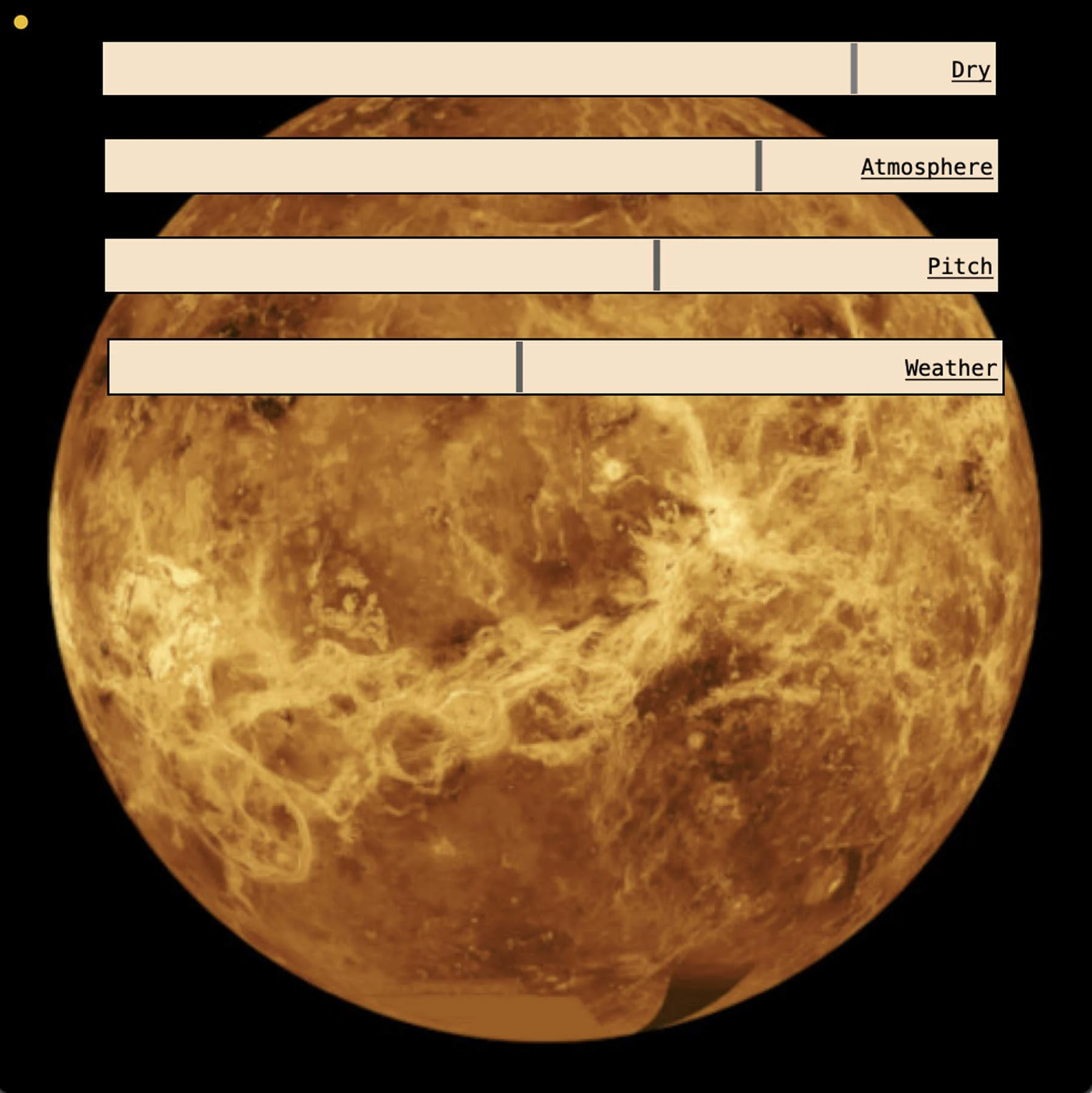 A screenshot of the Venus VST plug-in. The plug-in is made up of a photo of Venus. There are four long peach rectangles overlaid in the top third of the photograph, with a word in each one: Dry, Atmosphere, Pitch, Weather.
