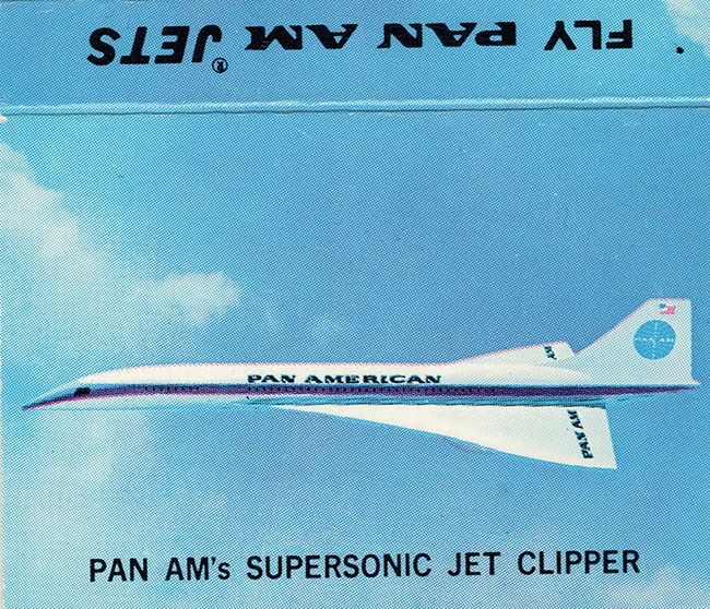 Pan Am matchbook artwork promoting the supersonic Jet Clipper and its destinations, 1969