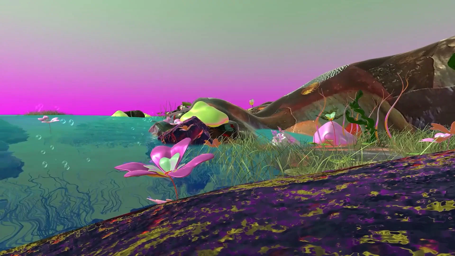 An excerpt from Diana Lynn Vandermeulen’s music video for “Earth”. Fantastical and colourful flowers and flowing strands of grass are situated beneath a lavender-blue ocean.