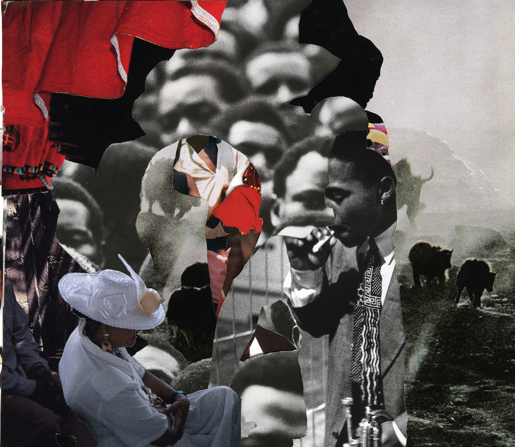 Photo collage of a group of men overlayed with an insert of a single man smoking a cigarette and surrounded by cattle. A woman sits in the corner 