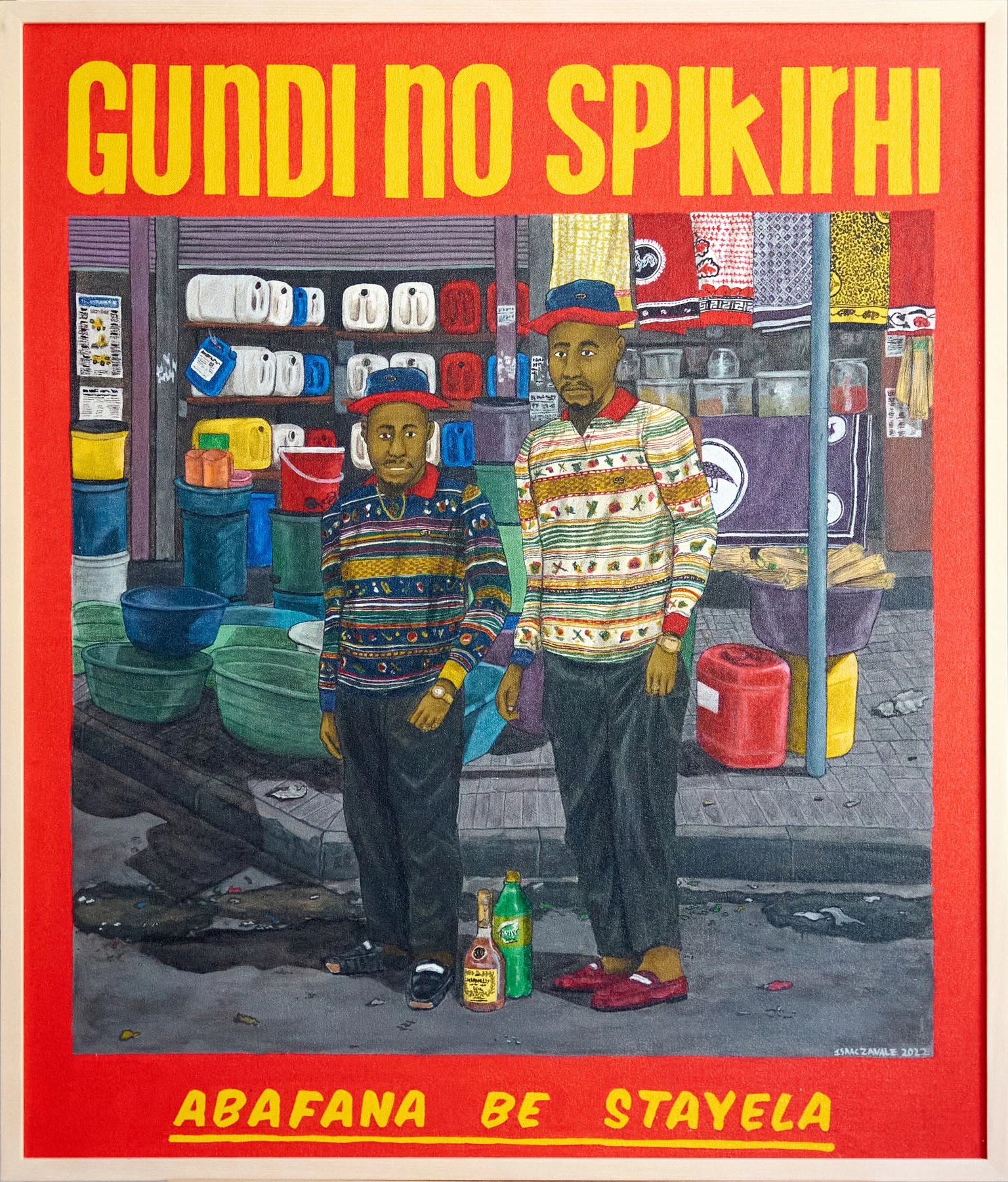 A poster depicting a poater set in Johannesburg. In the main picture, two men stand on the street, glass bottles on the floor in front of them.