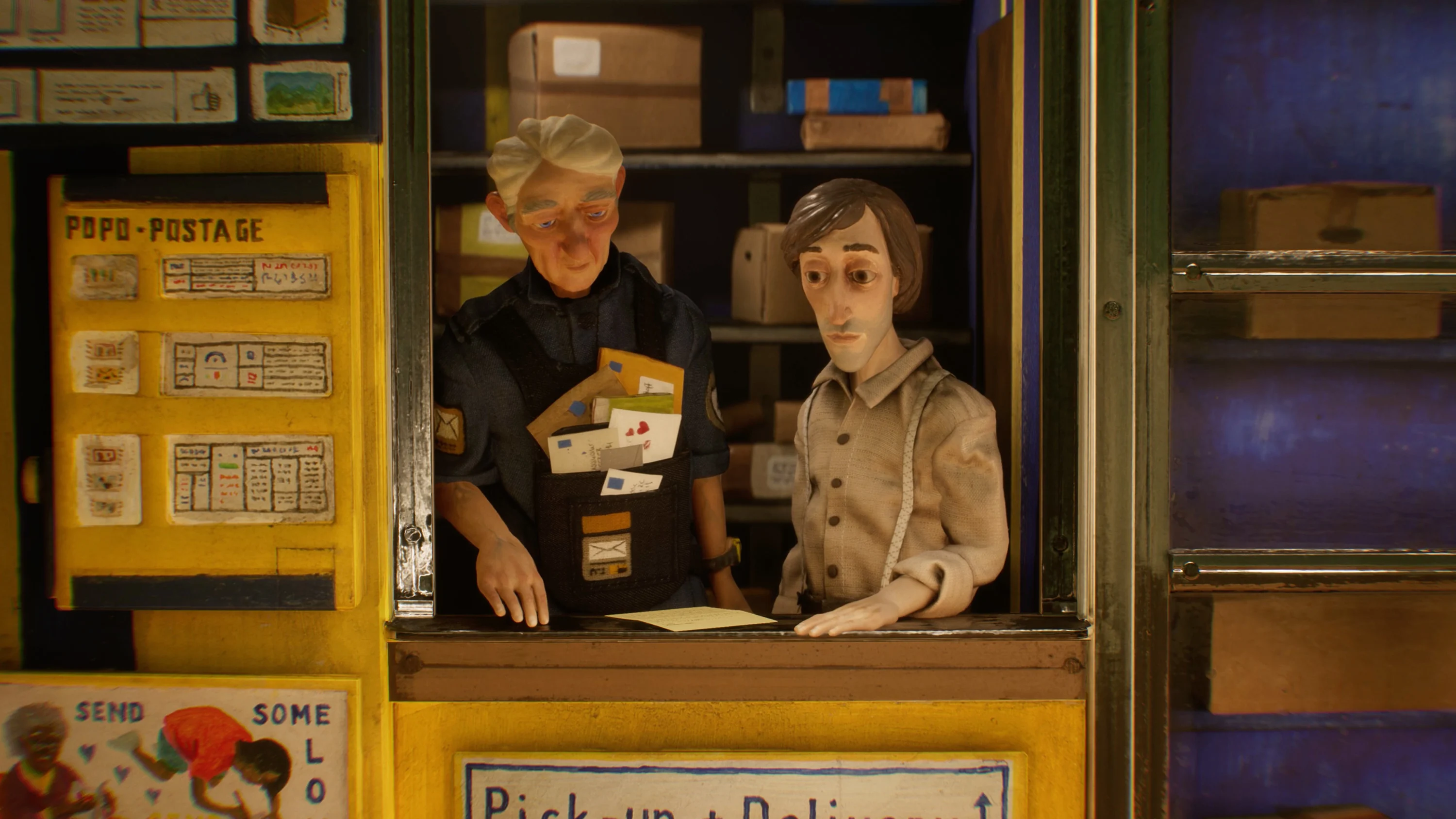 A still from the handmade video game Harold Halibut. The still shows two men standing in a mailroom together and reading a letter that is placed on the table in front of them.