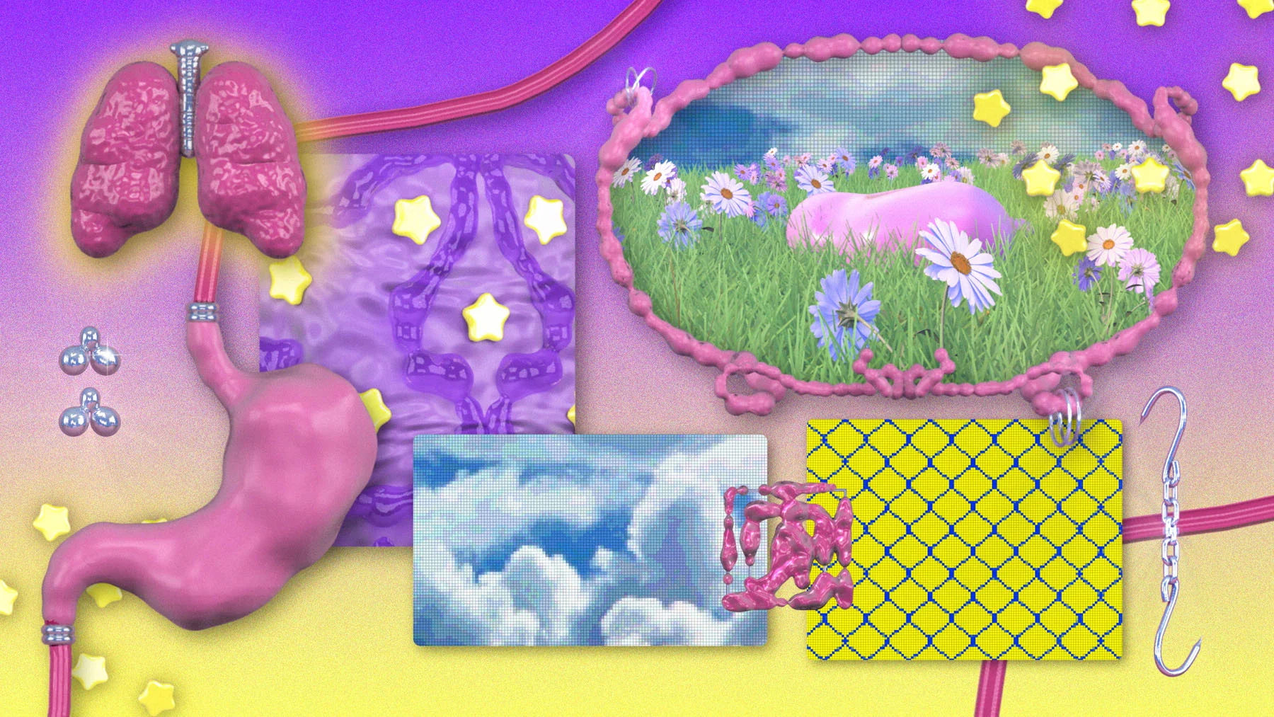 An animated horizontal collage illustration of layered CGI elements on top of a purple and yellow gradient background. Elements include metallic objects like meat hooks and pink internal organ shapes, along with yellow stars and an image of a green grass field with flowers. Elements are moving in a looping motion.