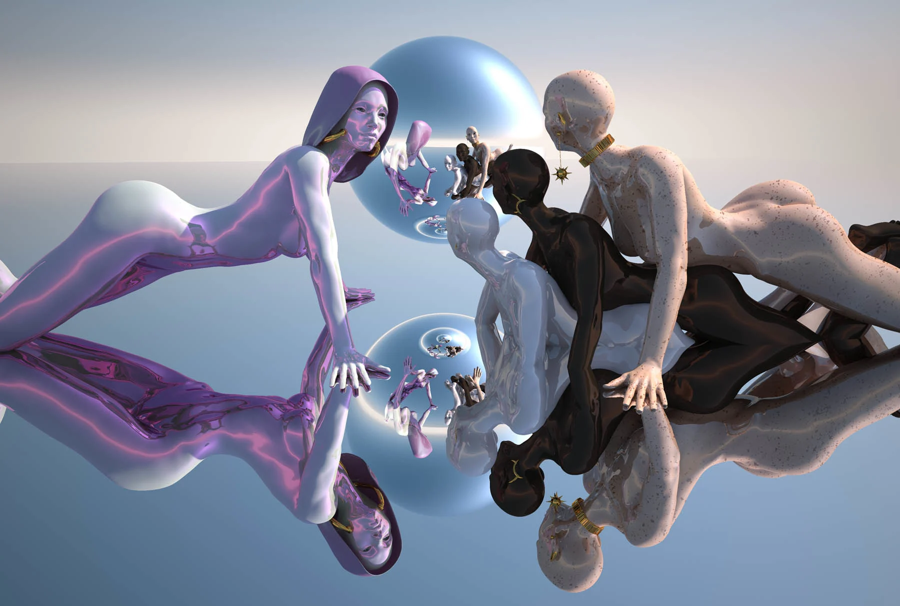 Four computer-generated female figures lie on an infinite mirror; three women on the right are stacked on top of one another like sphinxes, blending into the mirror with different skin tones. The fourth figure appears strong and patient. A sphere in the background reflects the entire scene.