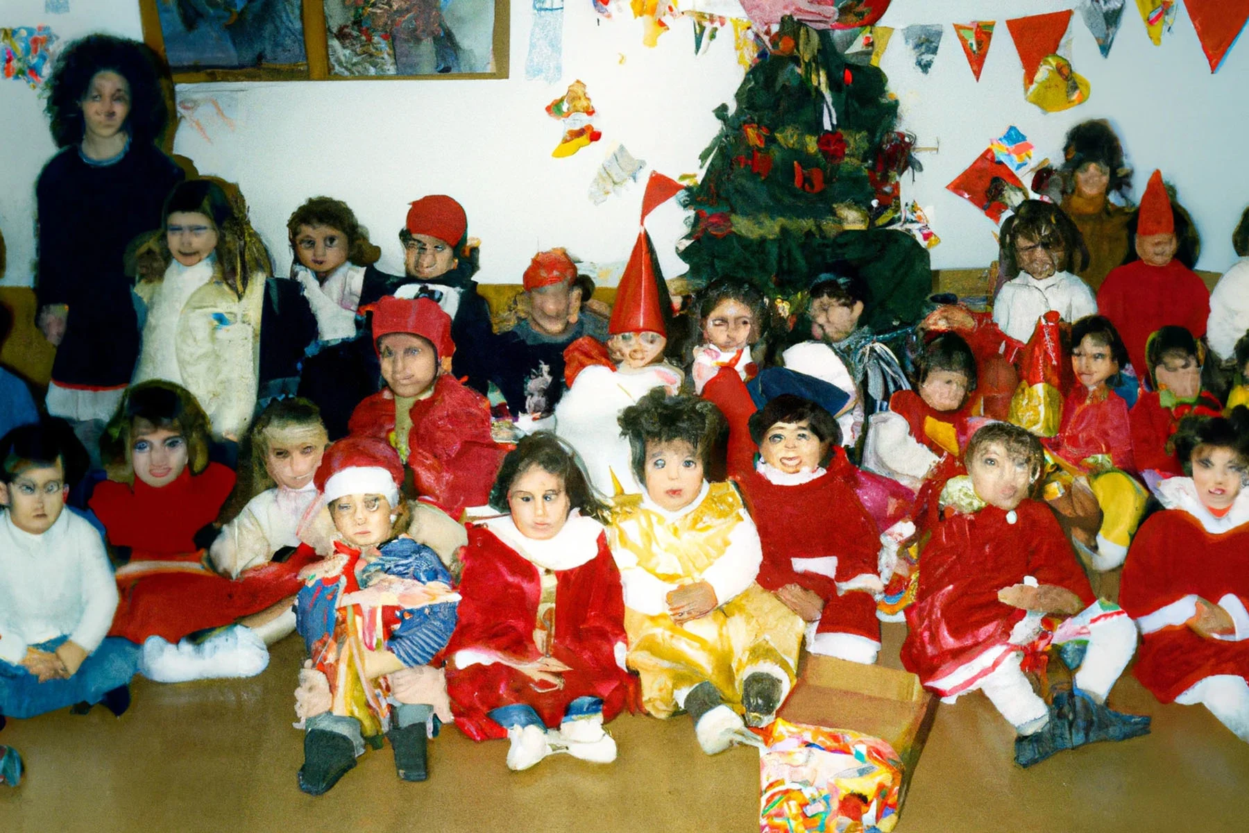 An image that looks like a photograph but is created with the use of Artificial Intelligence. The image has a 90s feel, showing many toddlers sitting in front of a Christmas tree. Many of the kids are dressed in Santa Claus costumes, and their teacher is standing in the background at the left side of the image.