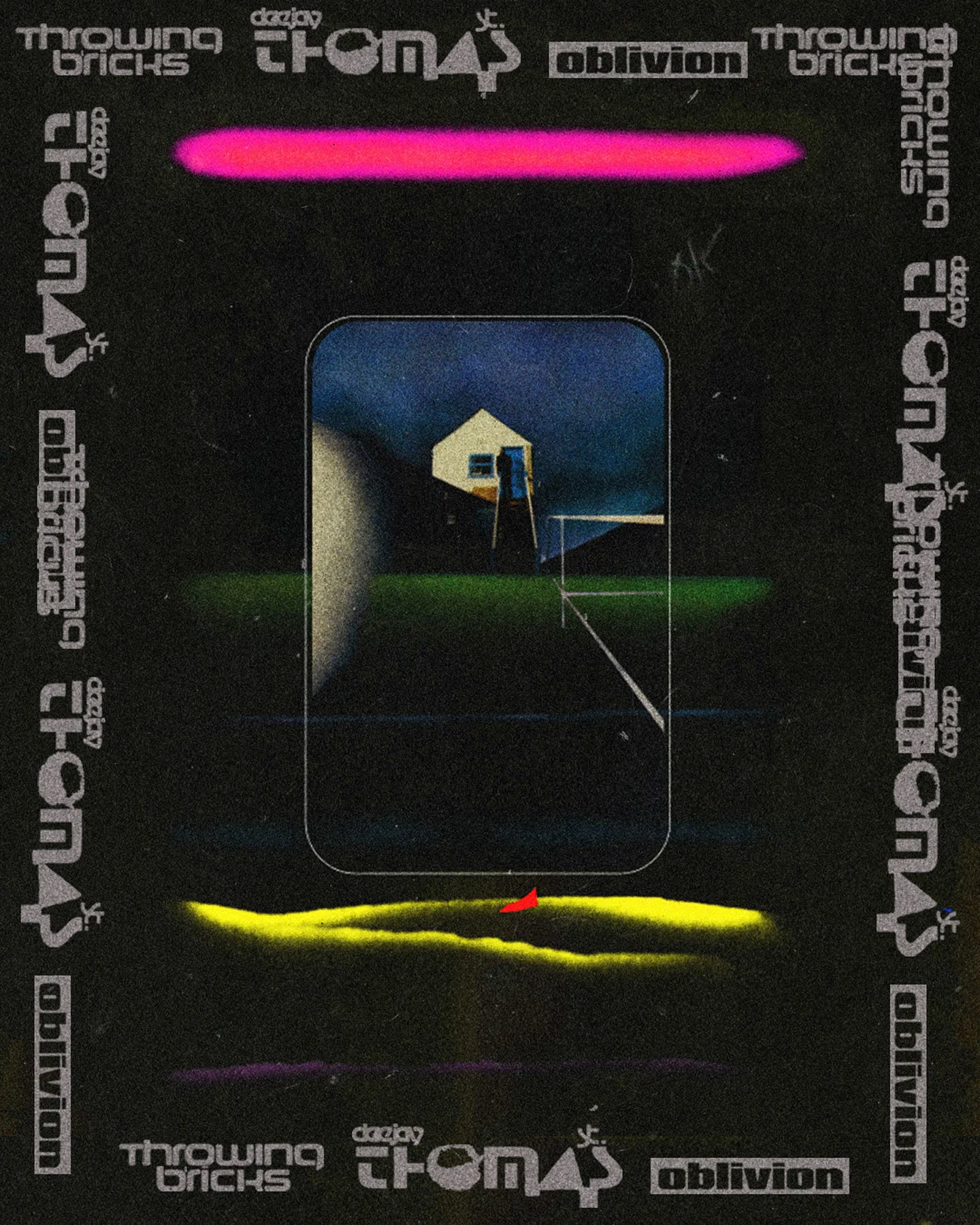 Airbrush painting featuring a central image of a house at night, illuminated by a streetlight, with a surreal neon pink halo above. The background and borders contain repeated text "throwing bricks" and "oblivion" in a dark, glitchy style.