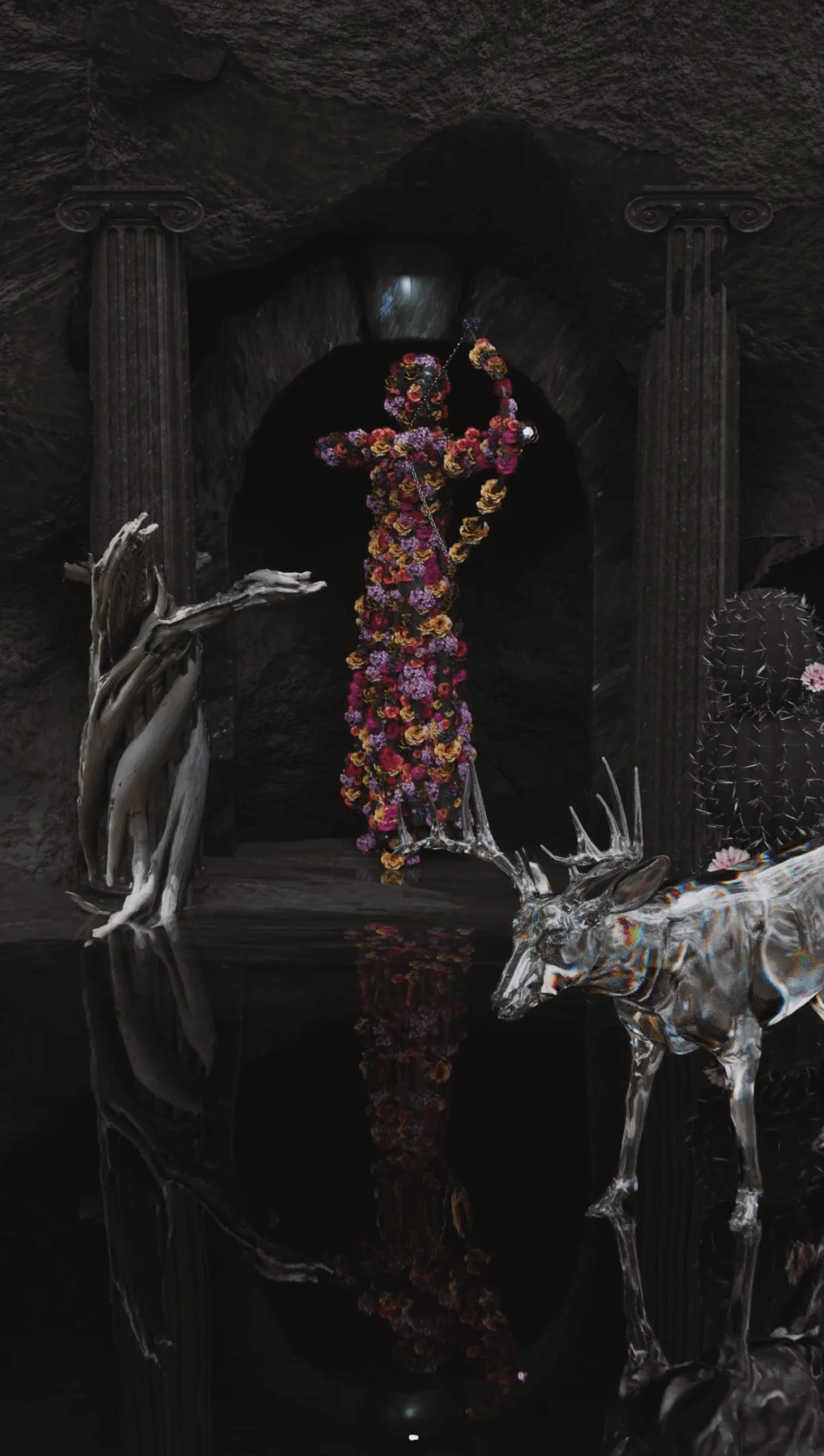 A digitally-rendered image of a figure made of flowers, holding a bow and arrow and pointing it at some statues of animals that surround them.