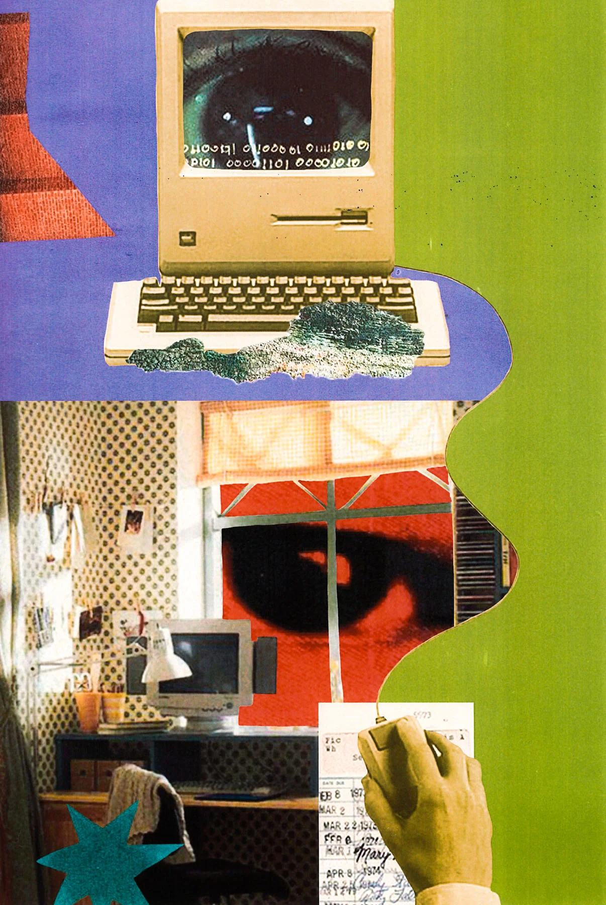 A collage mainly comprised of the colors orange, olive green, and purple. A red eye is seen outside of a bedroom window, and at the top of the composition a cutout of a bigger eye is coming out of a computer screen. 