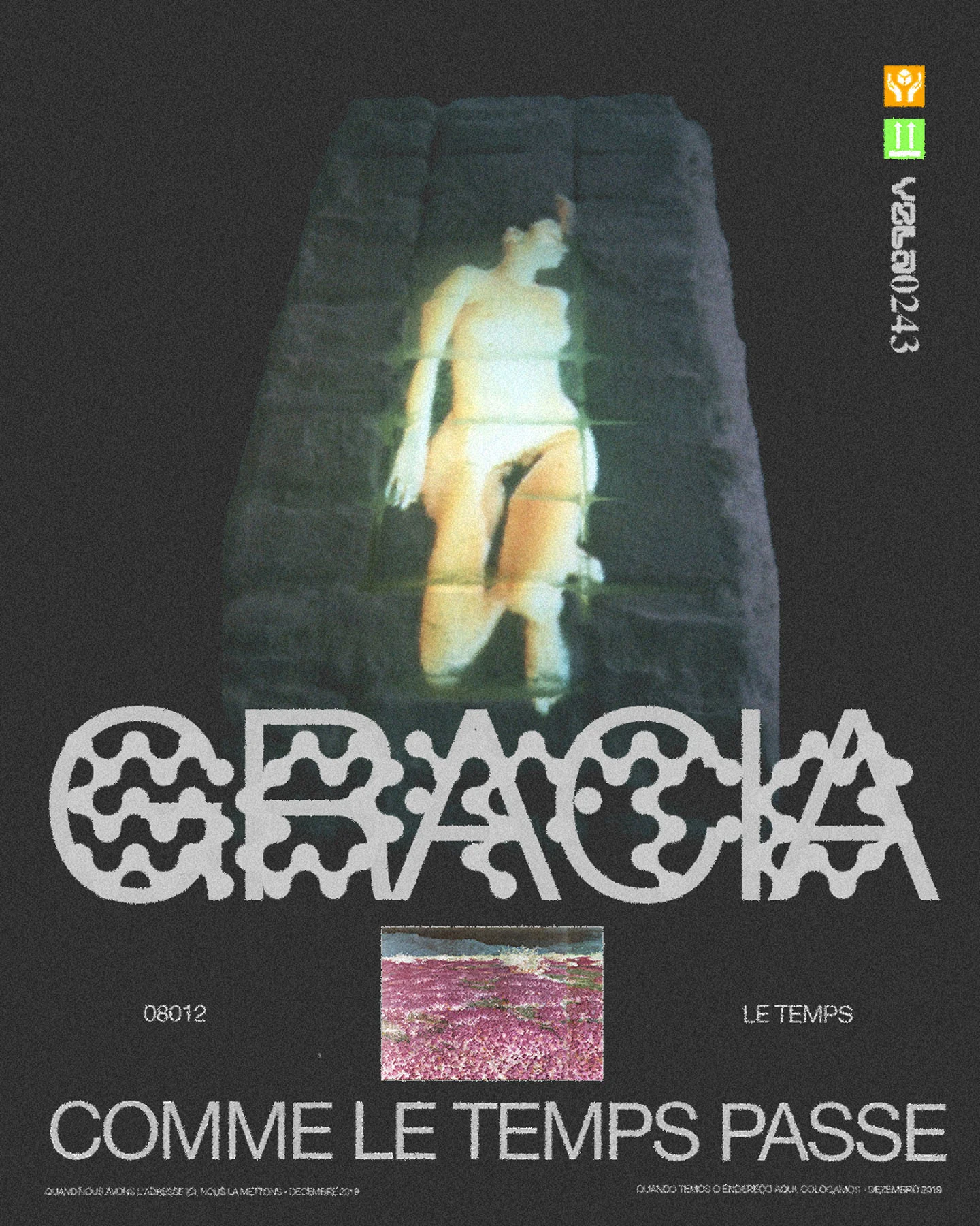 A graphic poster featuring a projected image of a classical statue on a dark stone wall. Below, the word "GRACIA" is styled in intricate typography. A small image of a flower field and the French phrase "Comme le temps passe" ("As time passes") are at the bottom.