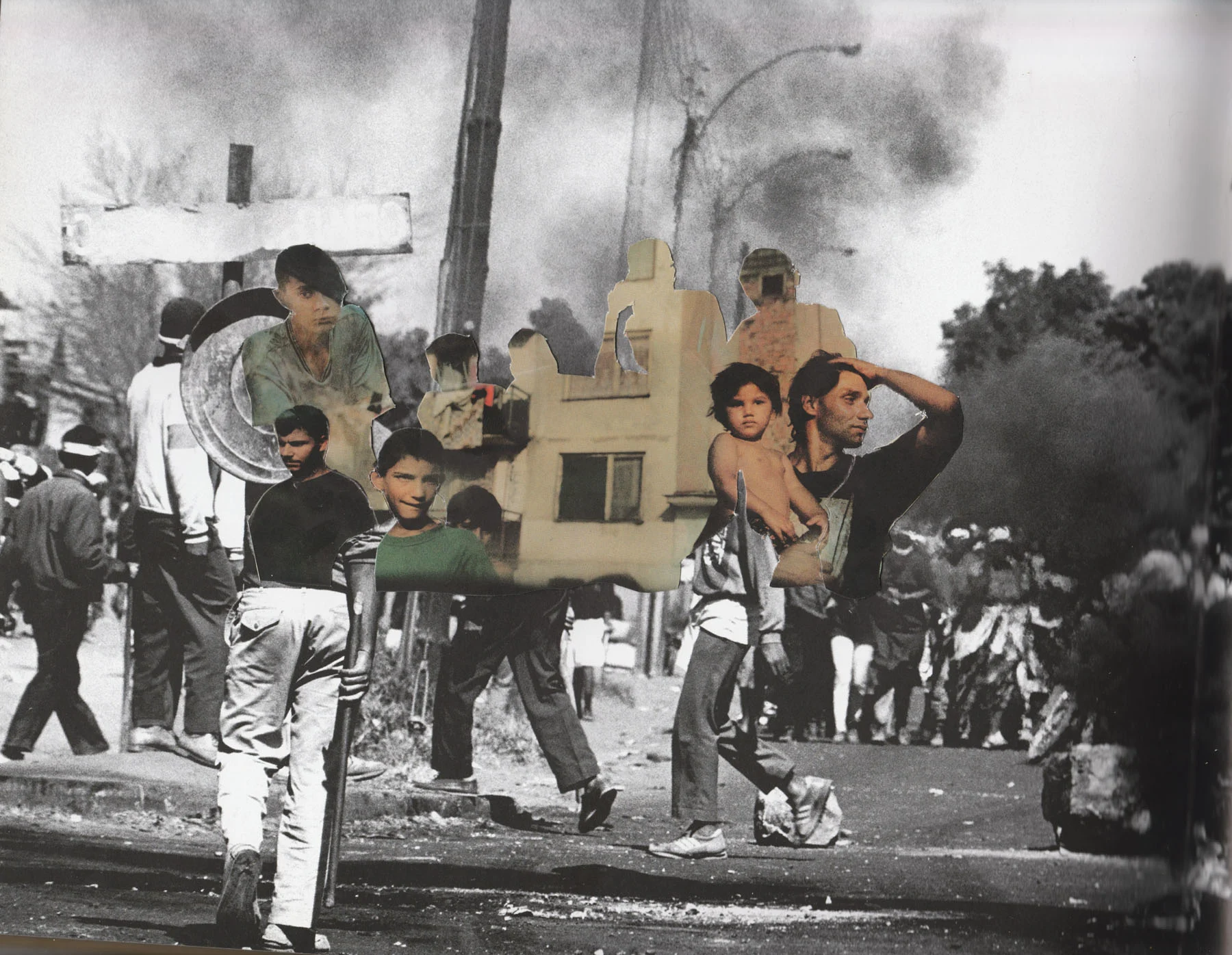 A photo collage: the main image depicts a riot of some sort, while images of people are overlayed.