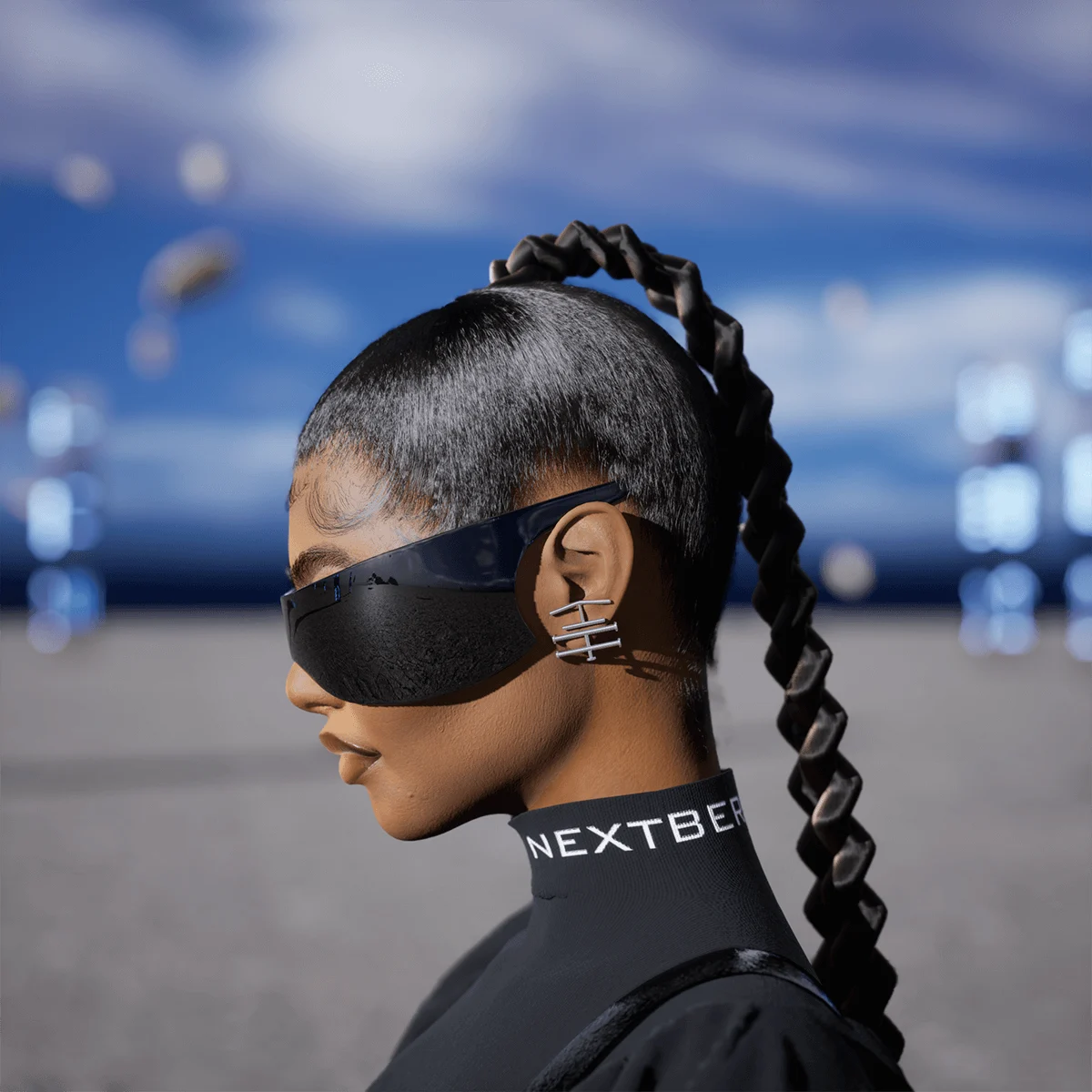 A digitally-rendered image of a side profile of a woman wearing an all-black outfit and black sunglasses, her hair tied into one very long braid.