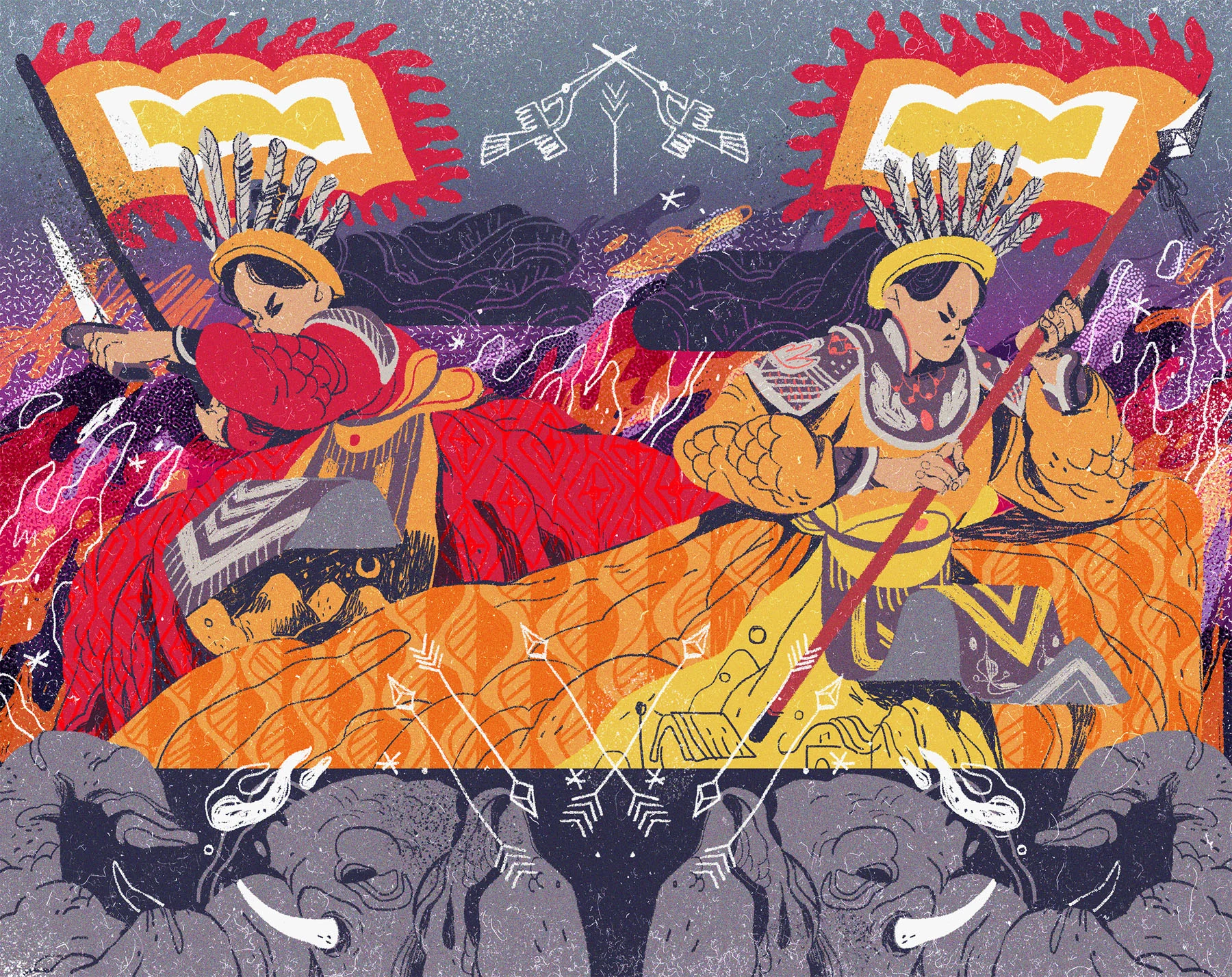 An illustration depicting two women holding weapons as if entering battle, surrounded by fire with flags flying high behind them. 
