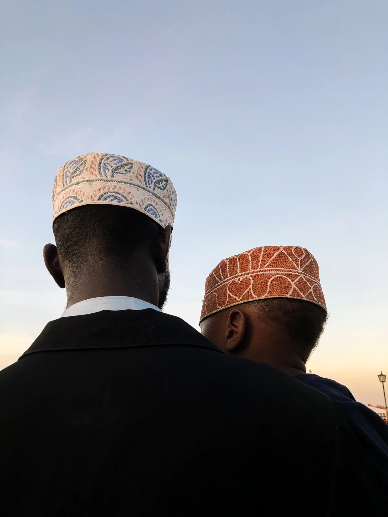 A photograph of two men wearing Taqiyahs from behind, taken in Zanzibar, Tanzania. 