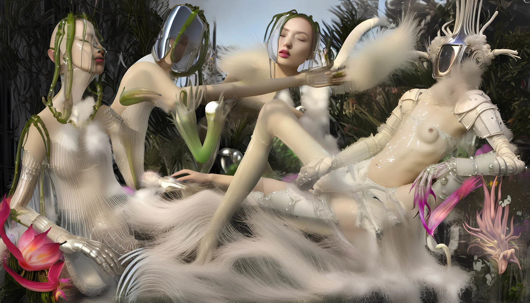 Four computer-generated female figures lie peacefully against a lush and soft background, surrounded by nature and exotic flowers. Their limbs feature endings of metallic armors, pearls, plants, and flowers.