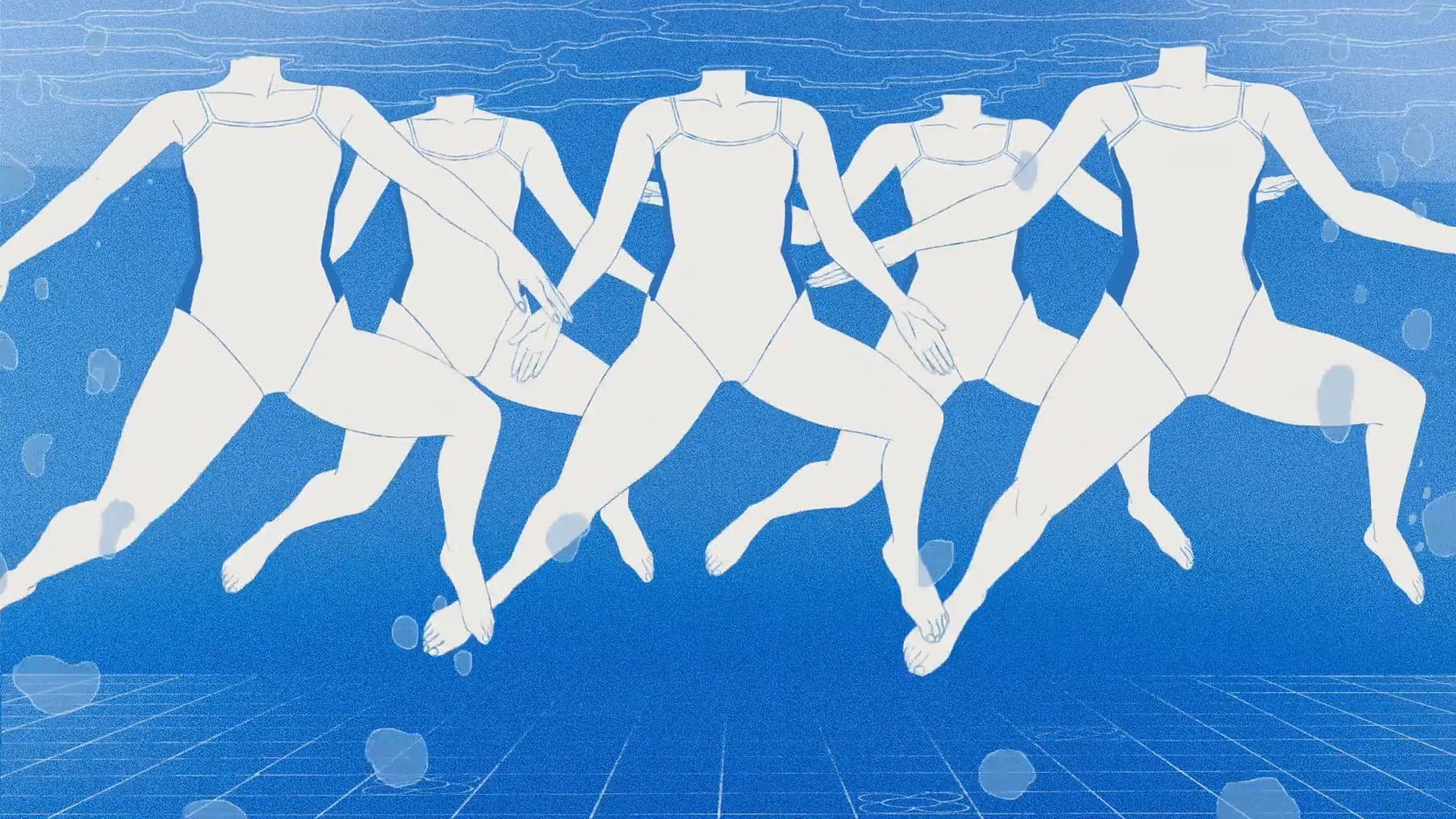 A clip from an animated film, showing a group of synchronized swimmers dancing underwater, and various angles of a girl swimming through a pool.