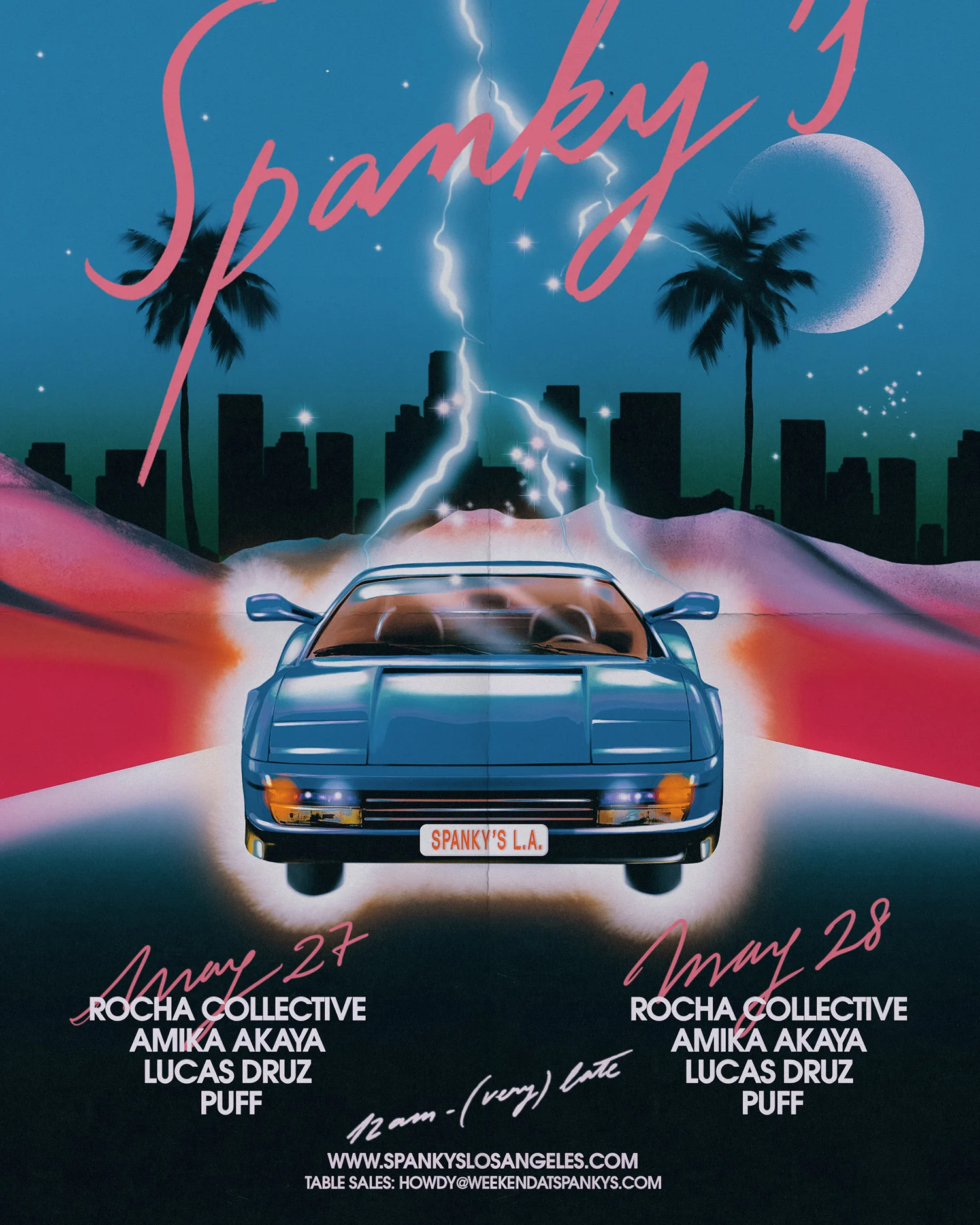 A digitally illustrated poster featuring a glistening blue car driving away from a silhouetted cityscape made up of tall buildings and palm trees.