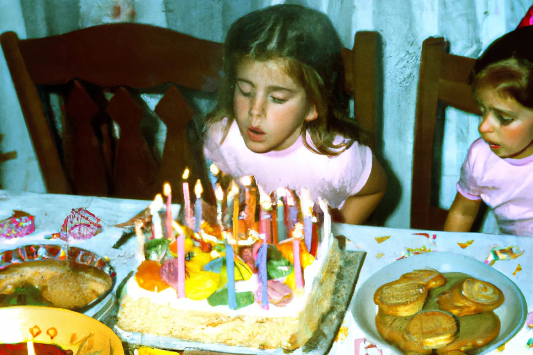 An image that looks like a photograph but is created with the use of Artificial Intelligence. The image has a 90s feel, showing a candid scene of a young girl around the age of 7-8 years old blowing the candles of her birthday cake. She is wearing a pink t-shirt and has dark blond hair. Another little girl sits next to her. 