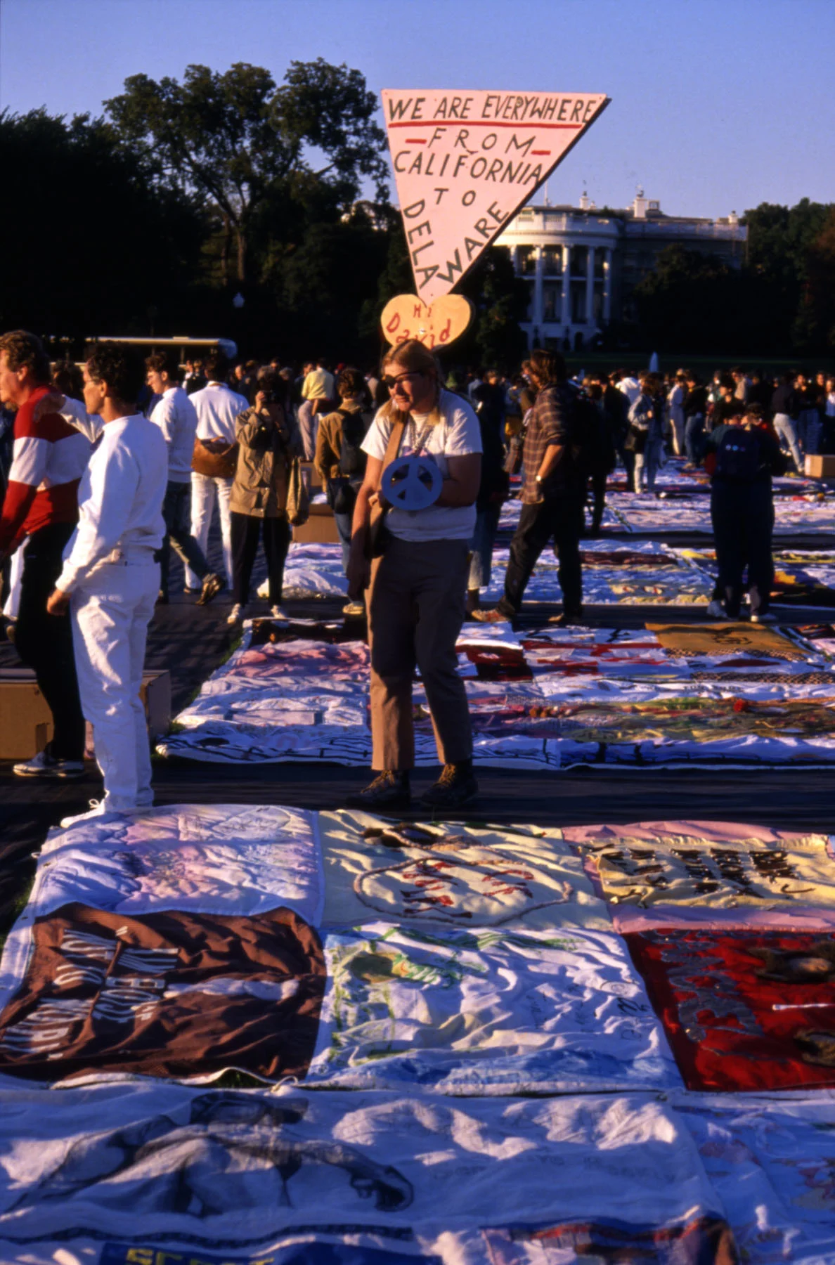A color photograph showing dozens of colorful hand-painted quilts on the grass in Washington, D.C. Groups of people stand near the quilts, one of whom is holding a triangular sign that reads “WE ARE EVERYWHERE FROM CALIFORNIA TO DELAWARE.”
Behind them, a line of trees is visible.
