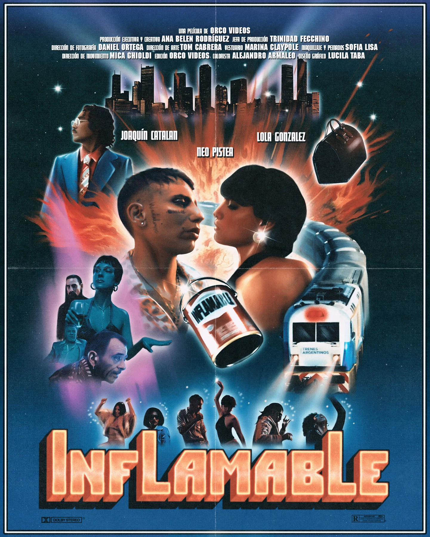 A poster for the film “Inflamable”. A collage featuring different characters from the film sits before a backdrop showing city buildings and fire. 
