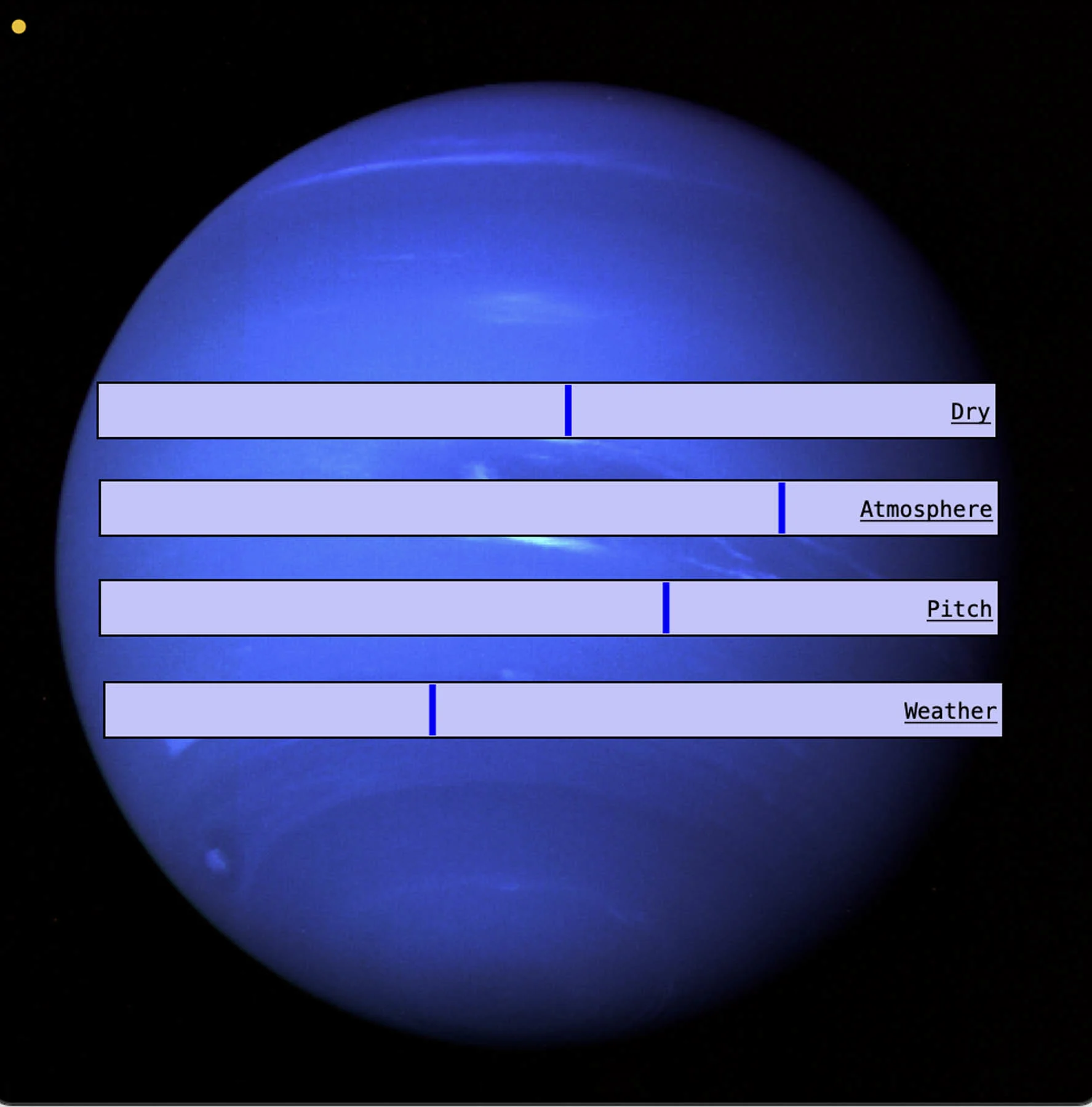 A screenshot of the Neptune VST plug-in. The plug-in is made up of a photo of Neptune. There are four long lilac rectangles overlaid in the centre of the photograph, with a word in each one: Dry, Atmosphere, Pitch, Weather.