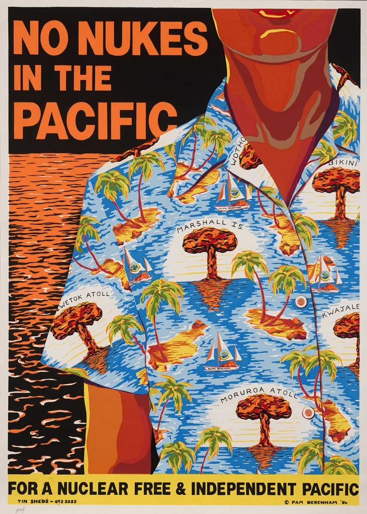 Pam Debenham: No Nukes in the Pacific, Tin Sheds, University of Sydney Art Workshop. Screenprint, 1984.