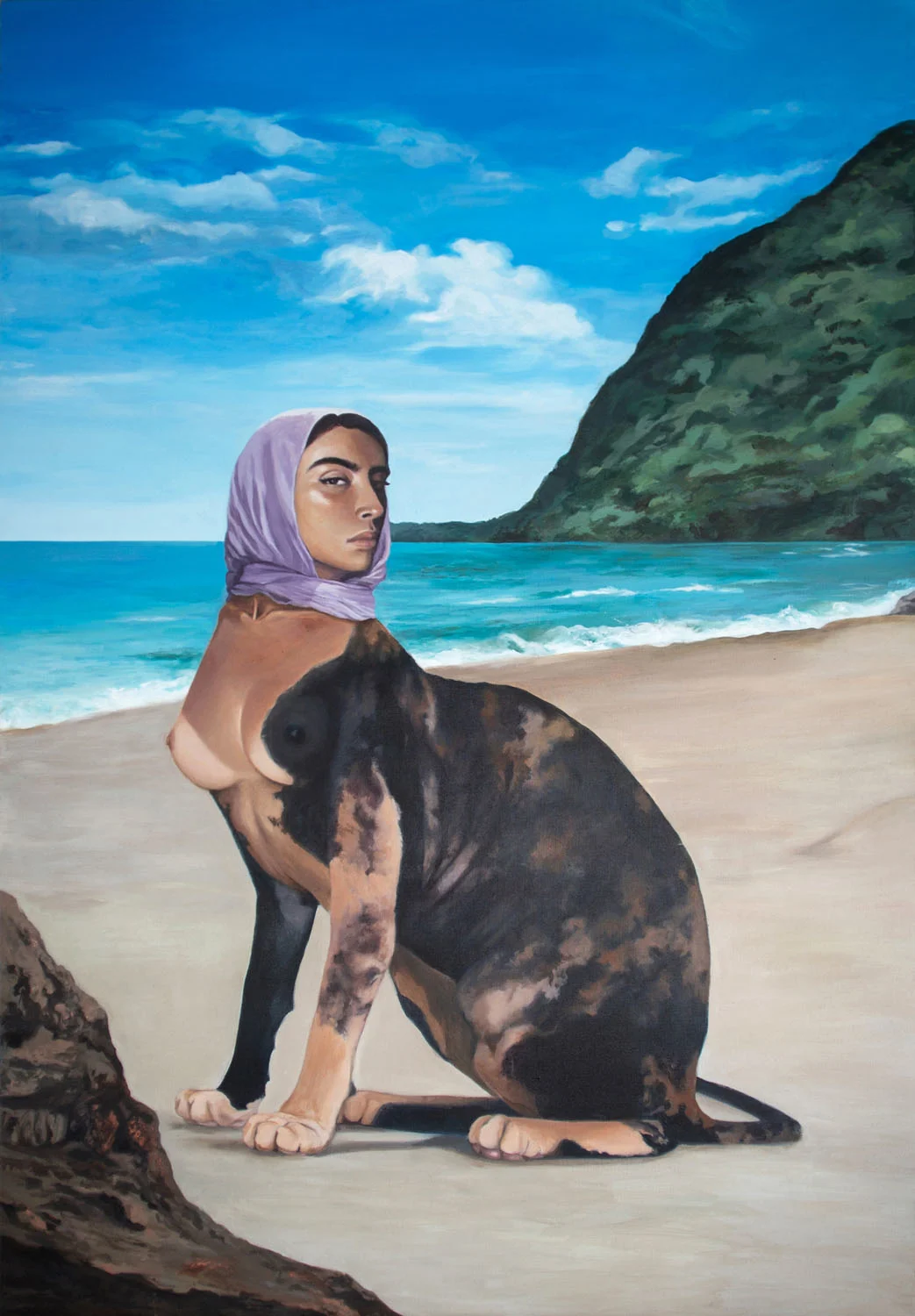 An acrylic painting depicting a chimera with the body of a calico sphynx cat and the head and breasts of a woman wearing a headscarf in front of a beach landscape.

