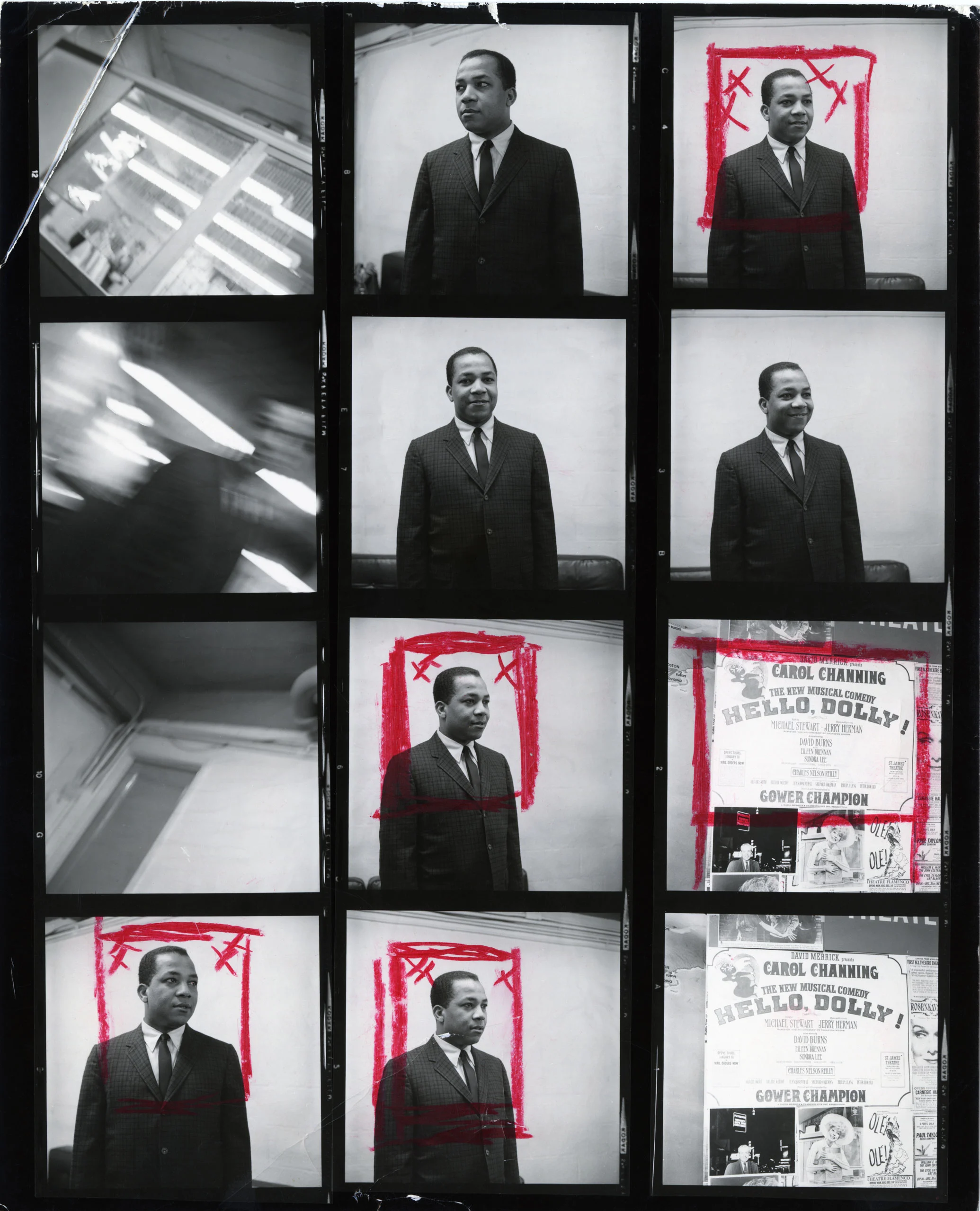 A contact sheet showing headshots of Gerard Basquiat, possibly taken for work in the early 1960s.