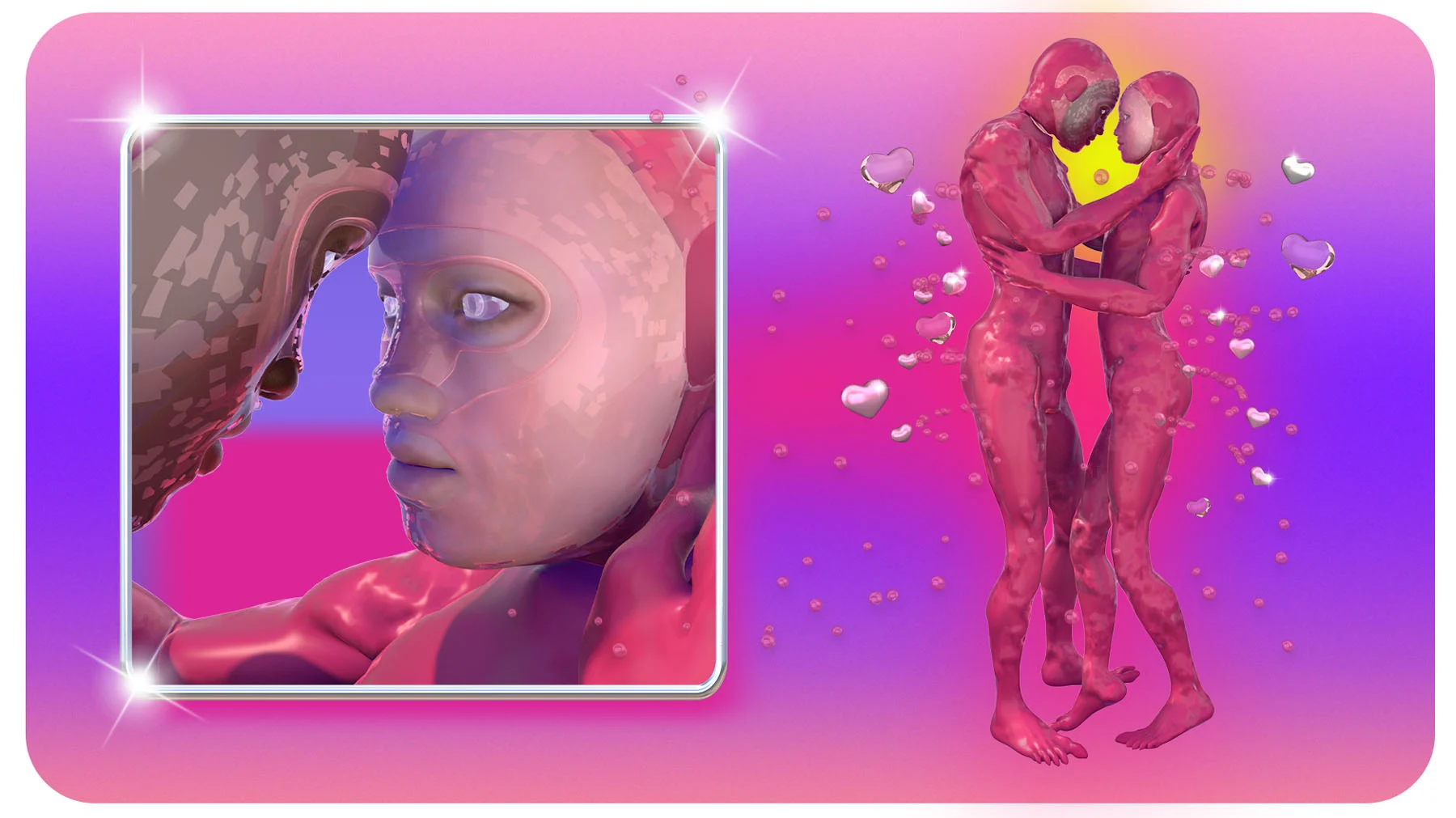 A CGI illustration showcases two perspectives of pink-colored, flesh-skinned figures wearing human masks. The couple intimately holds each other, exchanging affectionate glances as hearts and sparkles circulate around them.