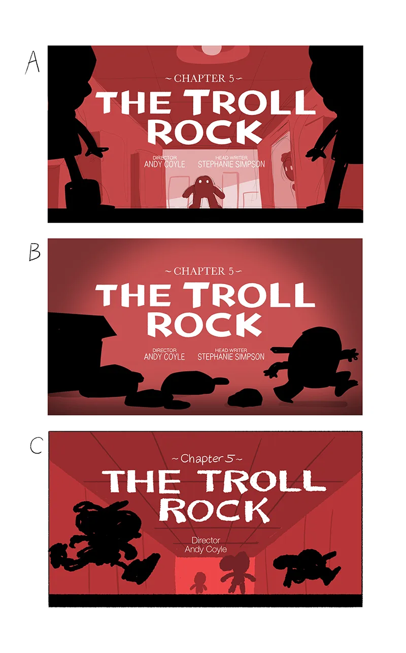 Above: Pages from Hilda comics; Below: Sketches for the title card for The Troll Rock Netflix episode