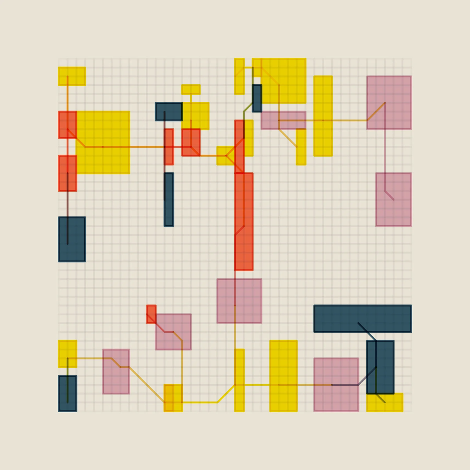An abstract generative artwork of colorful rectangles, connected by circuit paths, atop a gridded background.