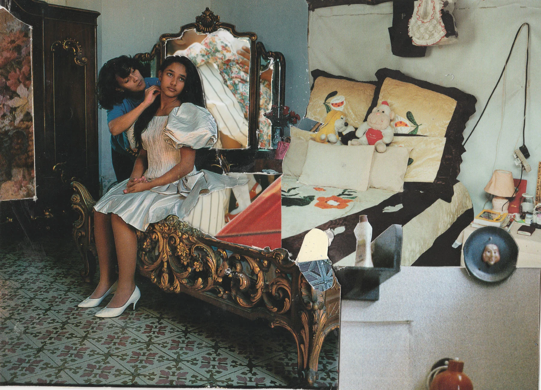 A photo collage showing a young woman sitting on the edge of a bed, as another woman plaits her hair.
