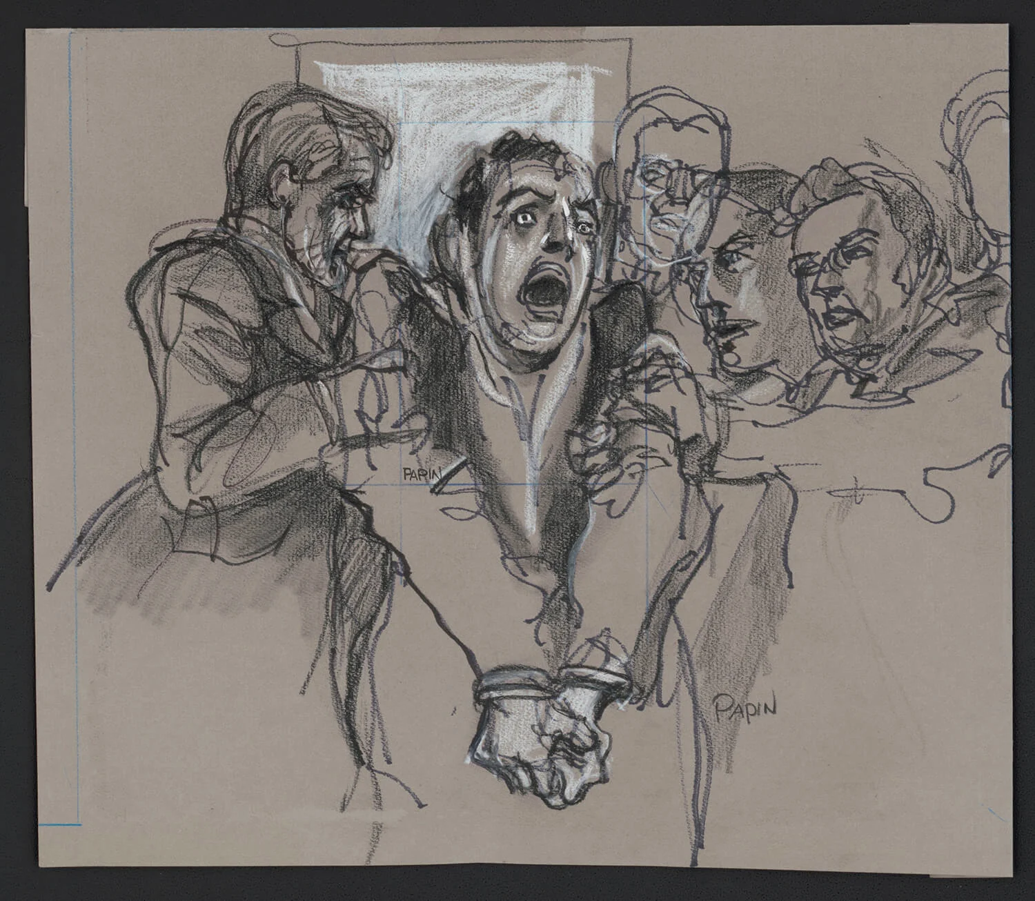 David Berkowitz screams obscenities as guards struggle to drag him from the courtroom, 1978. Image courtesy Joseph Papin / Library of Congress, Prints & Photographs Division