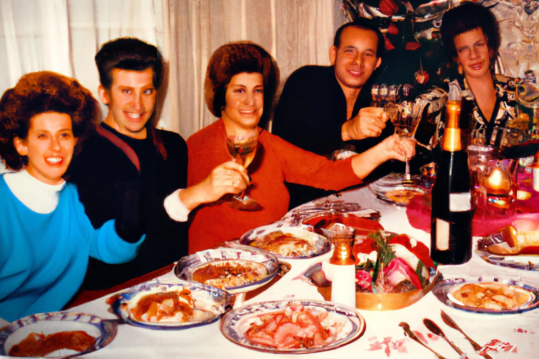 An image that looks like a photograph but is created with the use of Artificial Intelligence. The image has a 90s feel, showing a candid scene of what looks like a festive family dinner. The table is covered with plates full of food and a bottle of champagne. The people around the table are raising their glasses and smiling at the camera.