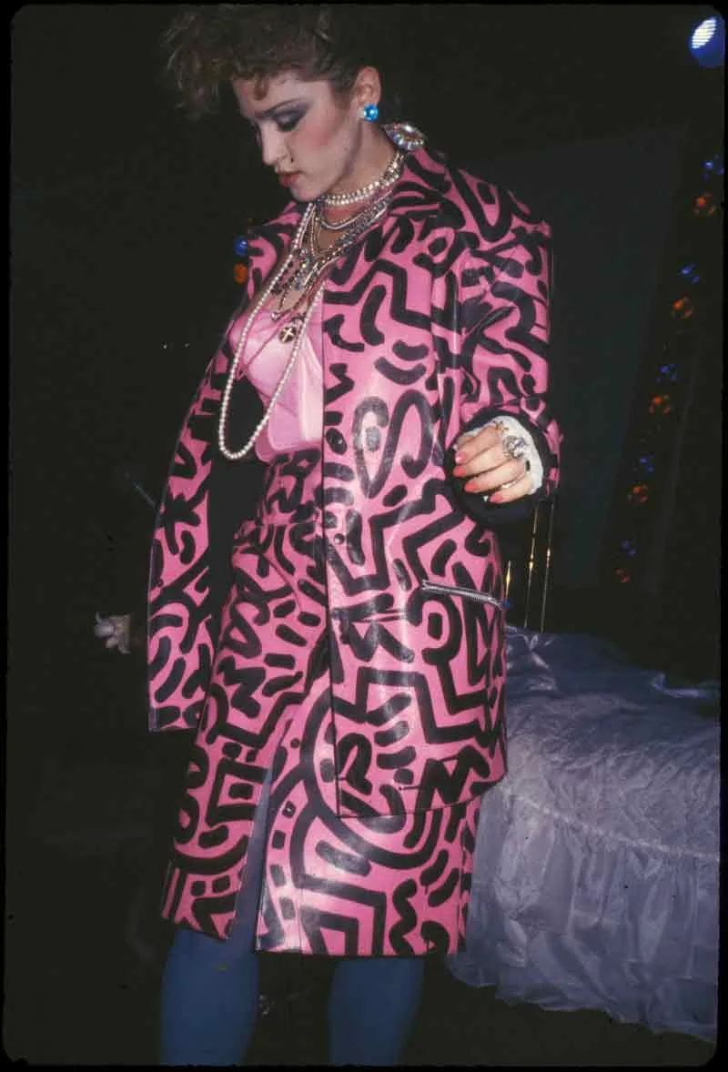 Madonna in Haring Suit Performing “Like A Virgin” At the First Annual Part of Life, Paradise Garage, New York, May 16, 1984 Tseng Kwong Chi photograph © Muna Tseng Dance Projects, Inc., New York Keith Haring artwork © Keith Haring Foundation, New York 