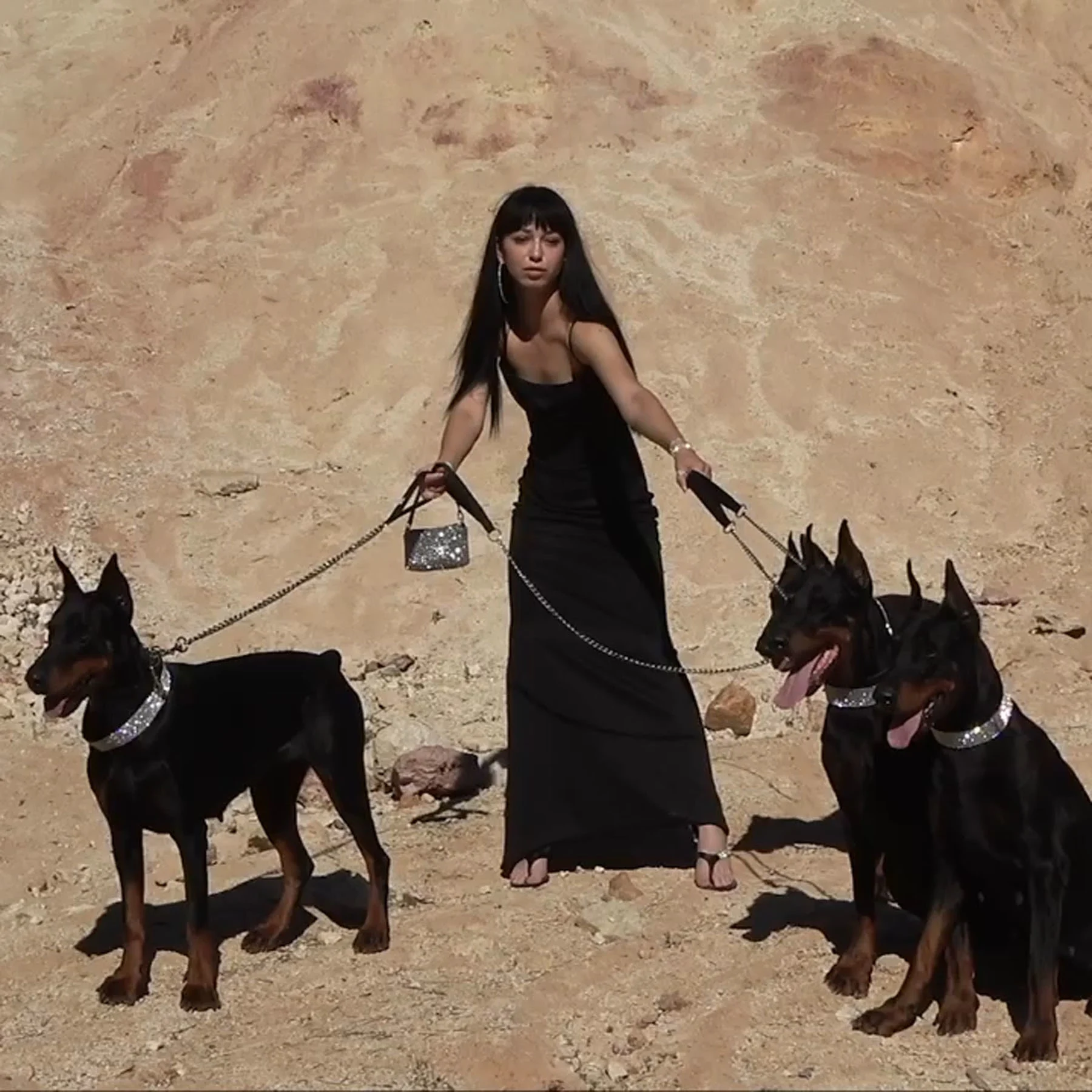 A video of a woman in a black dress, standing on a sand dune as she holds onto four dogs on leashes. The dogs begin to run away, pulling her as they go.