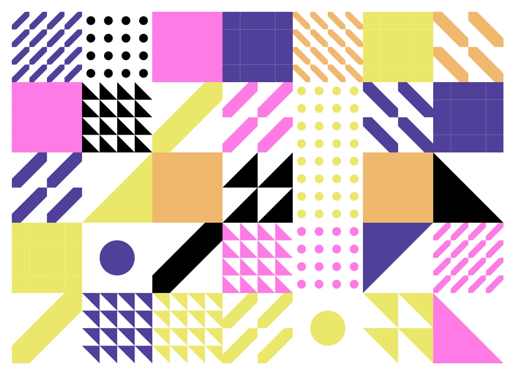 Generative artwork, 18x18 grid with multiple grids of shapes. Circles, triangles, squares and elongated hexagons. Shapes have no outline and fills are black, violet, purple, yellow, light-orange. White background. 