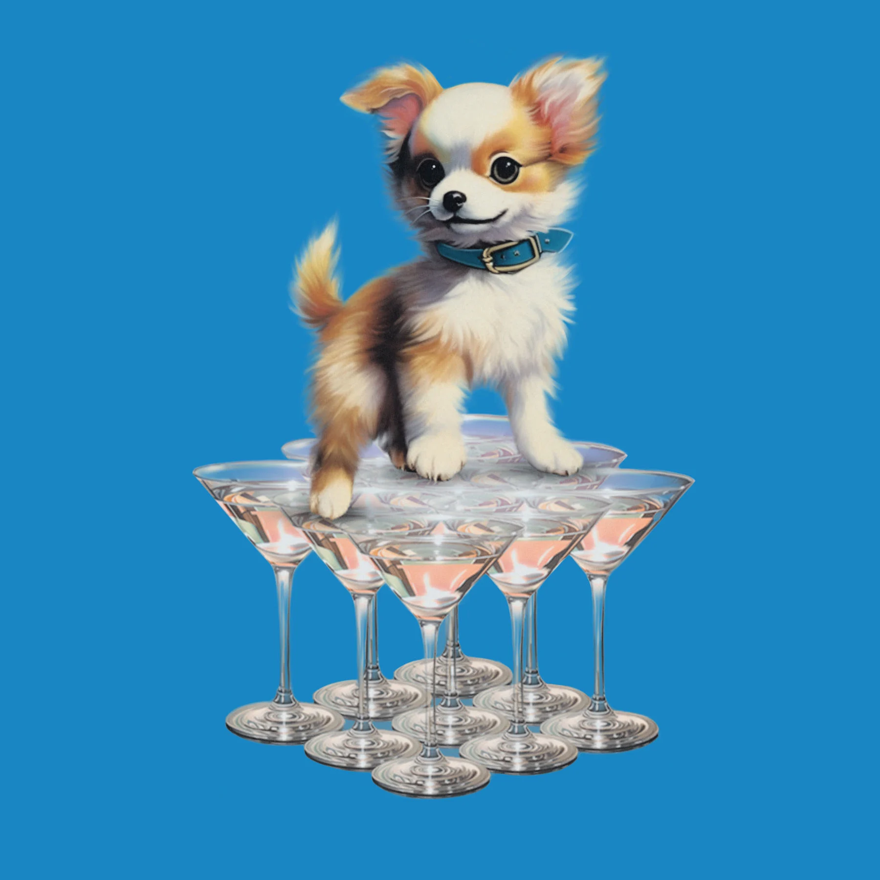 A digital illustration of a chihuahua dog standing on top of many martini glasses against a blue background.
