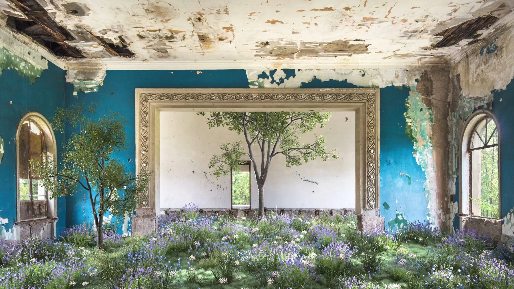 A mixed-media video—created using photography and 3D techniques—of a blue abandoned building located in Georgia, overgrown with plants, flowers and a tree.
