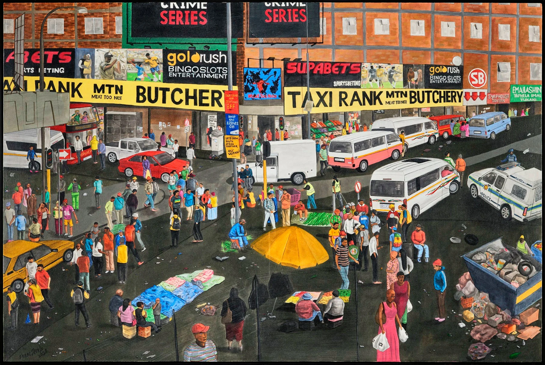 A painting depicting a busy street in Johannesburg. The area is bustling with people walking in various directions, with food vendors and cars dotted around. A taxi rank and a butcher sit on the far side of the street.