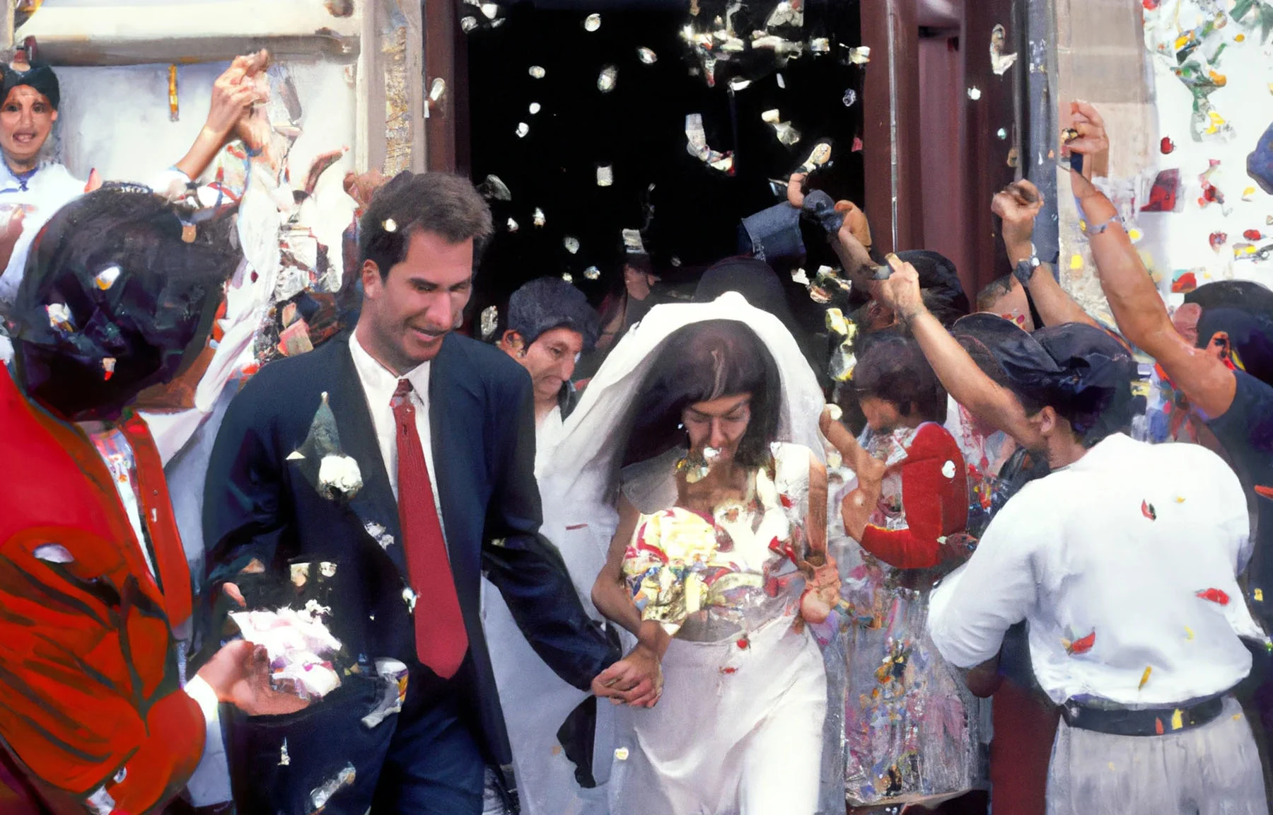 An image that looks like a photograph but is created with the use of Artificial Intelligence. The image has a 90s feel, showing a just married couple, the groom wearing a black suit and a red tie and the bride wearing a white dress and holding a bouquet of flowers, the moment they exit a church. People are gathered around the couple throwing rose petals in the air.