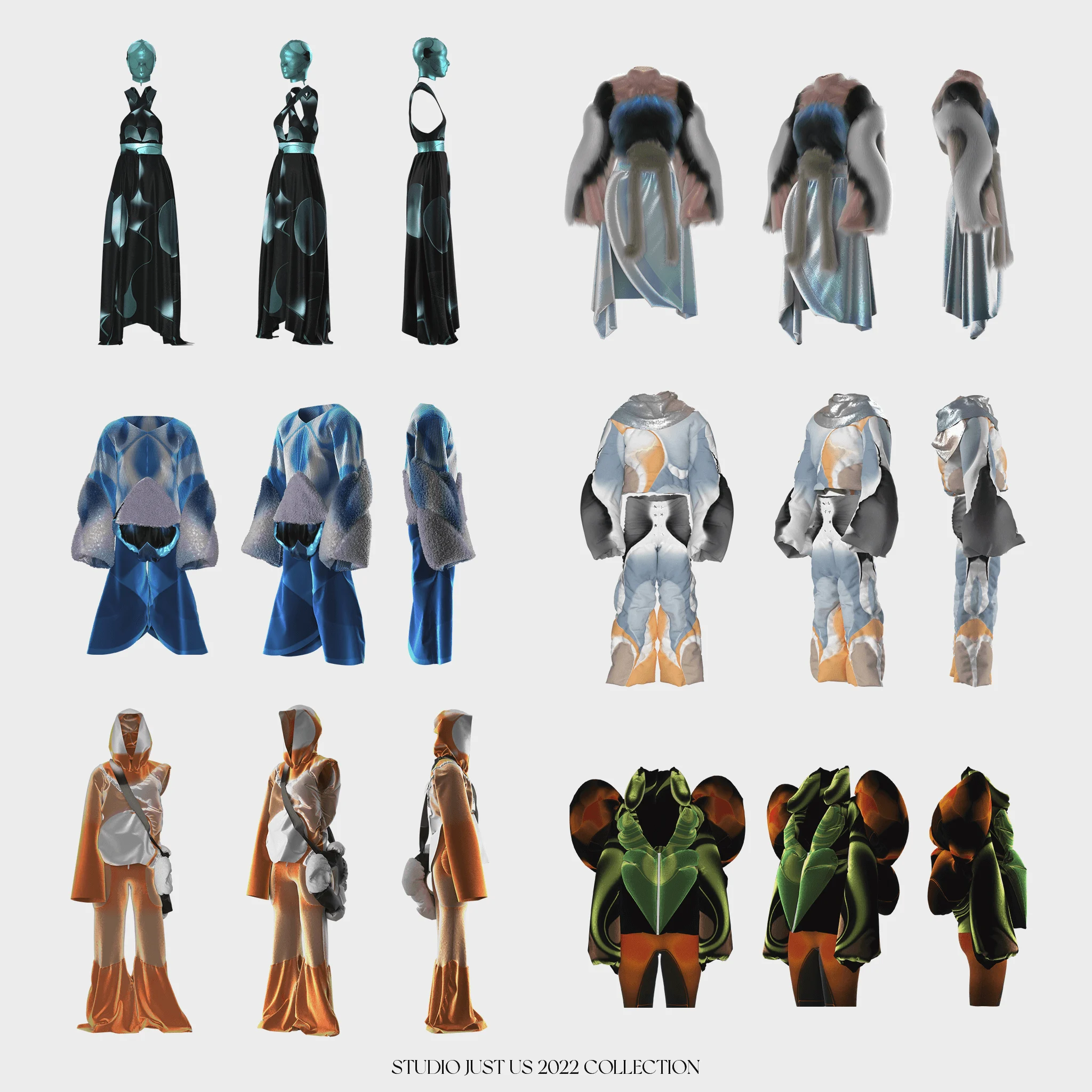 A digitally-rendered image showing a selection of angles of six different outfits, with the words "Studio Just Us 2022 Collection" written underneath them.