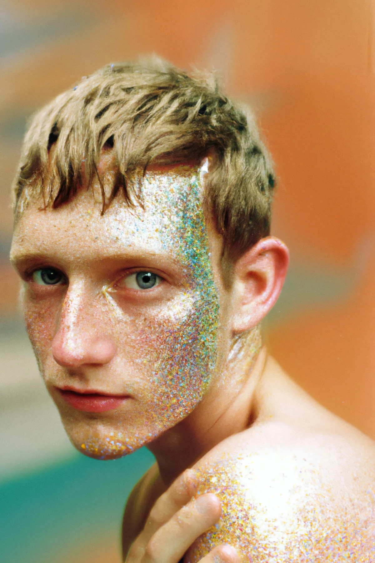 An AI-generated photograph of a person staring into the camera, with their face and shoulder covered in colorful glitter